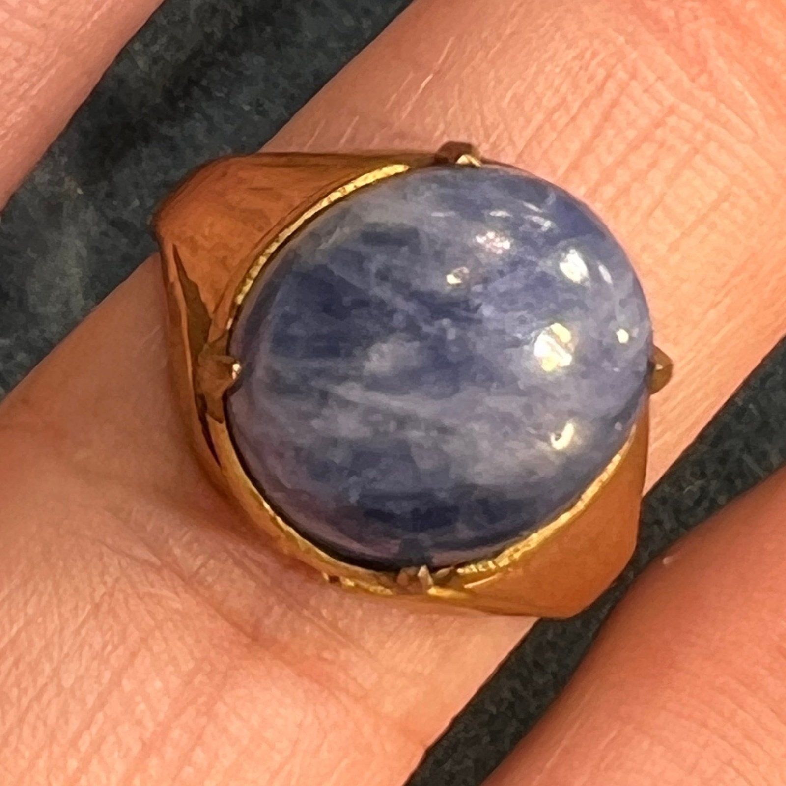 Natural Cabochon Blue Sapphire in Rustic Gold-Tone Silver Ring