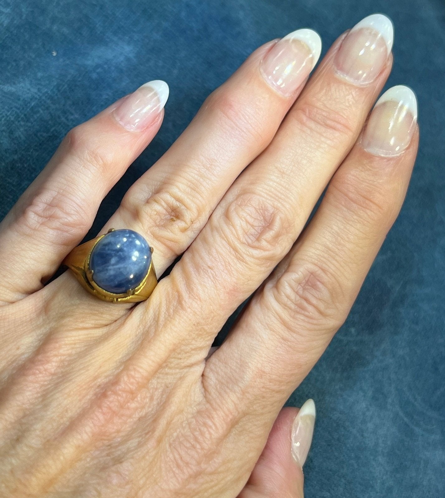 Natural Cabochon Blue Sapphire in Rustic Gold-Tone Silver Ring