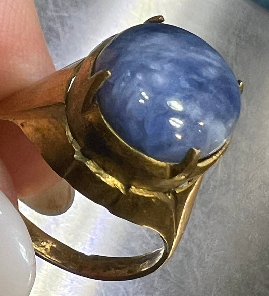 Natural Cabochon Blue Sapphire in Rustic Gold-Tone Silver Ring