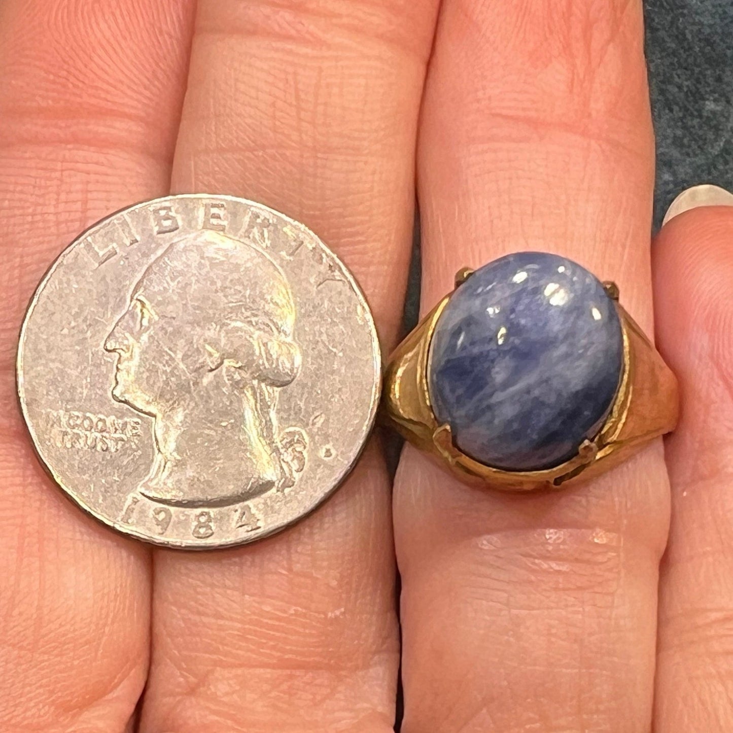 Natural Cabochon Blue Sapphire in Rustic Gold-Tone Silver Ring