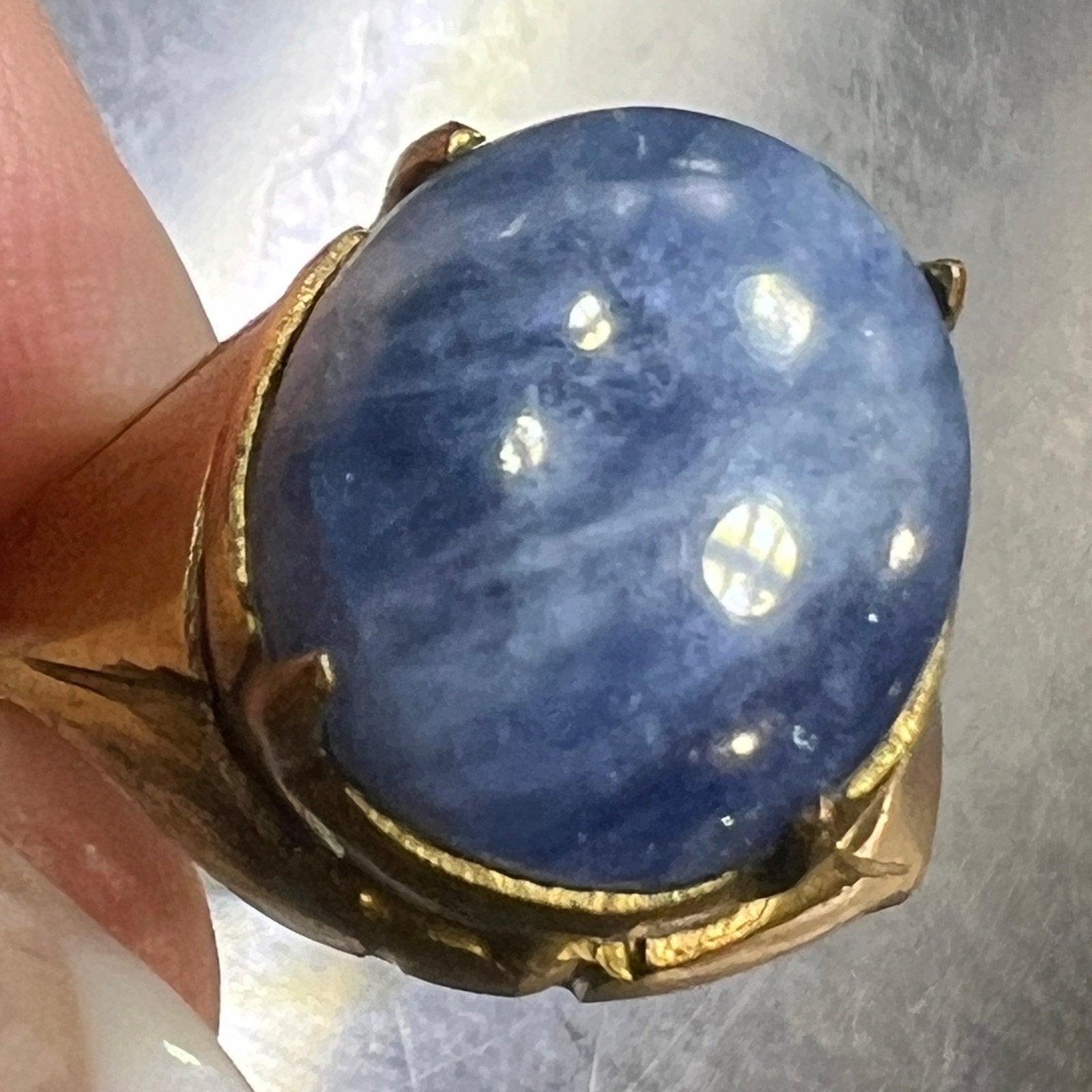 Natural Cabochon Blue Sapphire in Rustic Gold-Tone Silver Ring