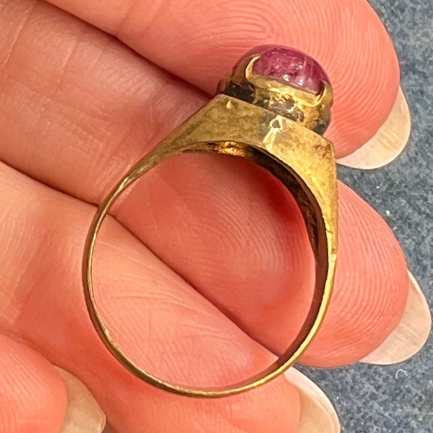 Natural Cabochon Ruby in Rustic Gold-Tone Signet Ring