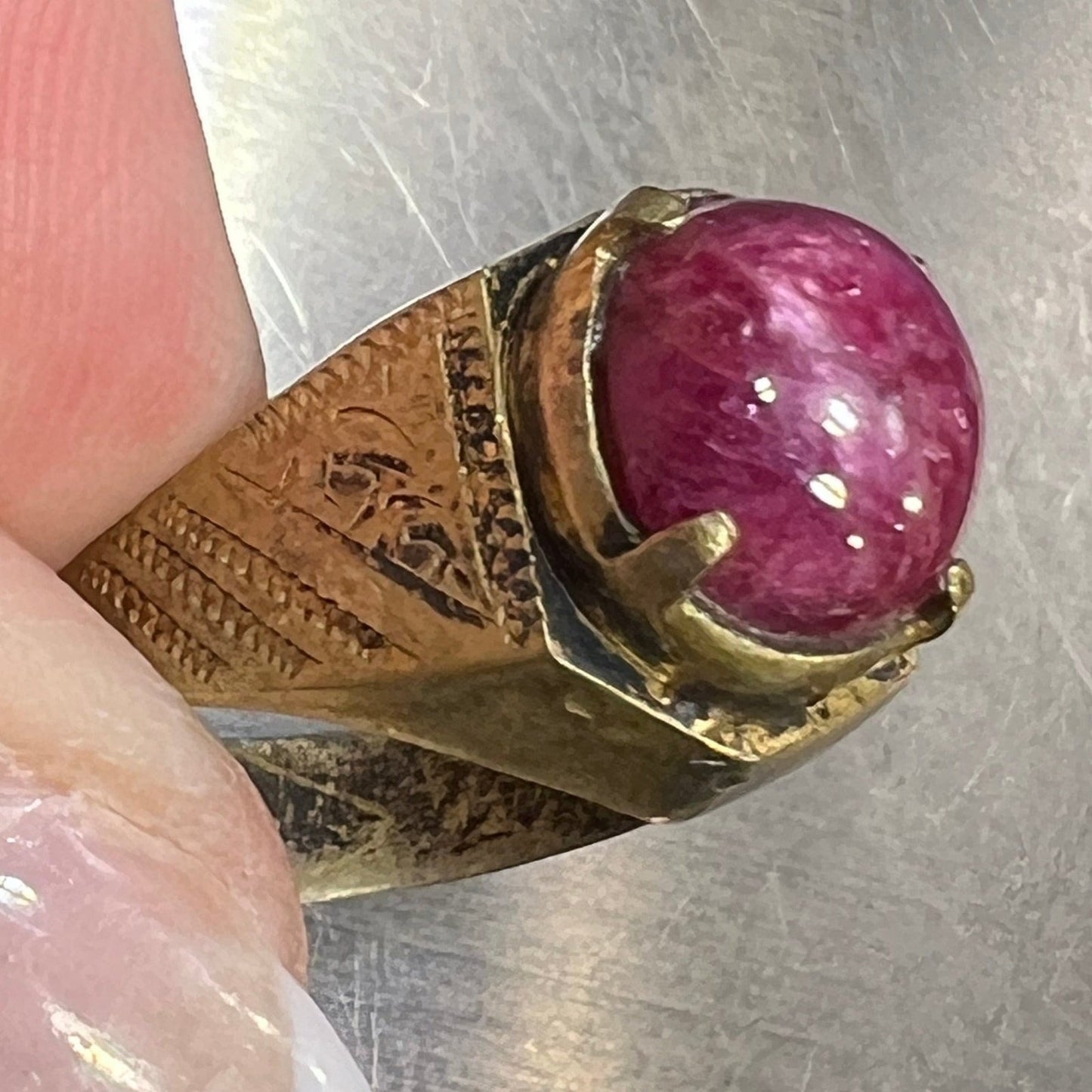 Natural Cabochon Ruby in Rustic Gold-Tone Signet Ring