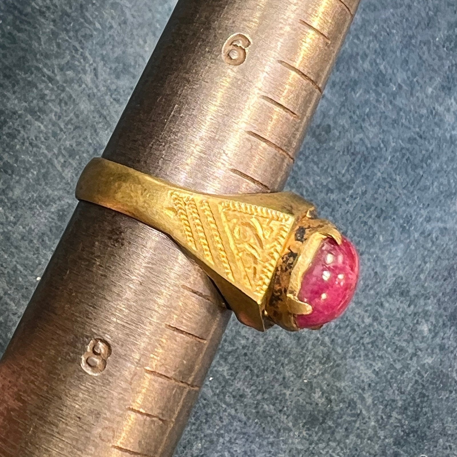 Natural Cabochon Ruby in Rustic Gold-Tone Signet Ring