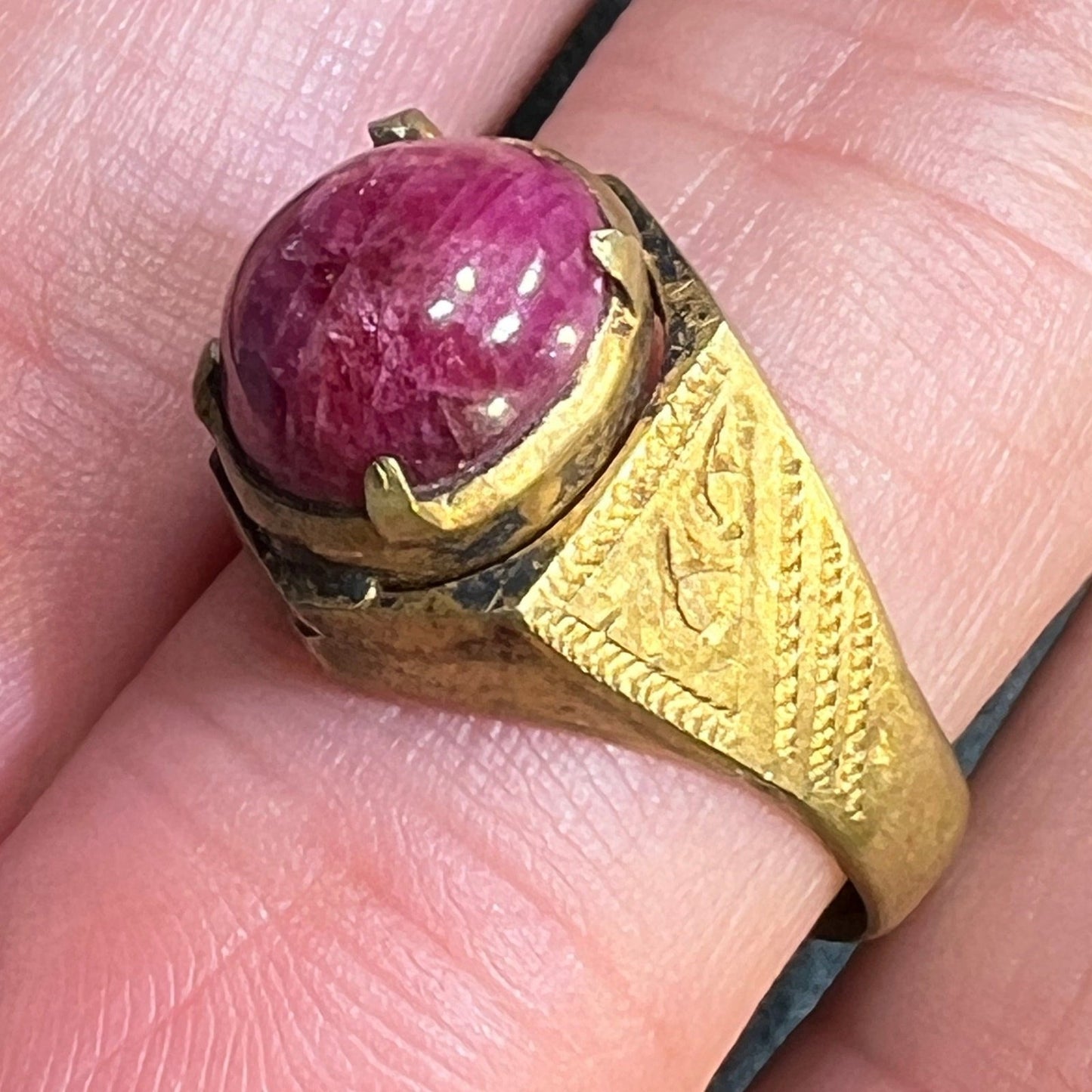 Natural Cabochon Ruby in Rustic Gold-Tone Signet Ring