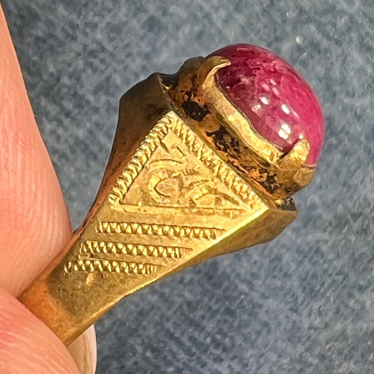 Natural Cabochon Ruby in Rustic Gold-Tone Signet Ring