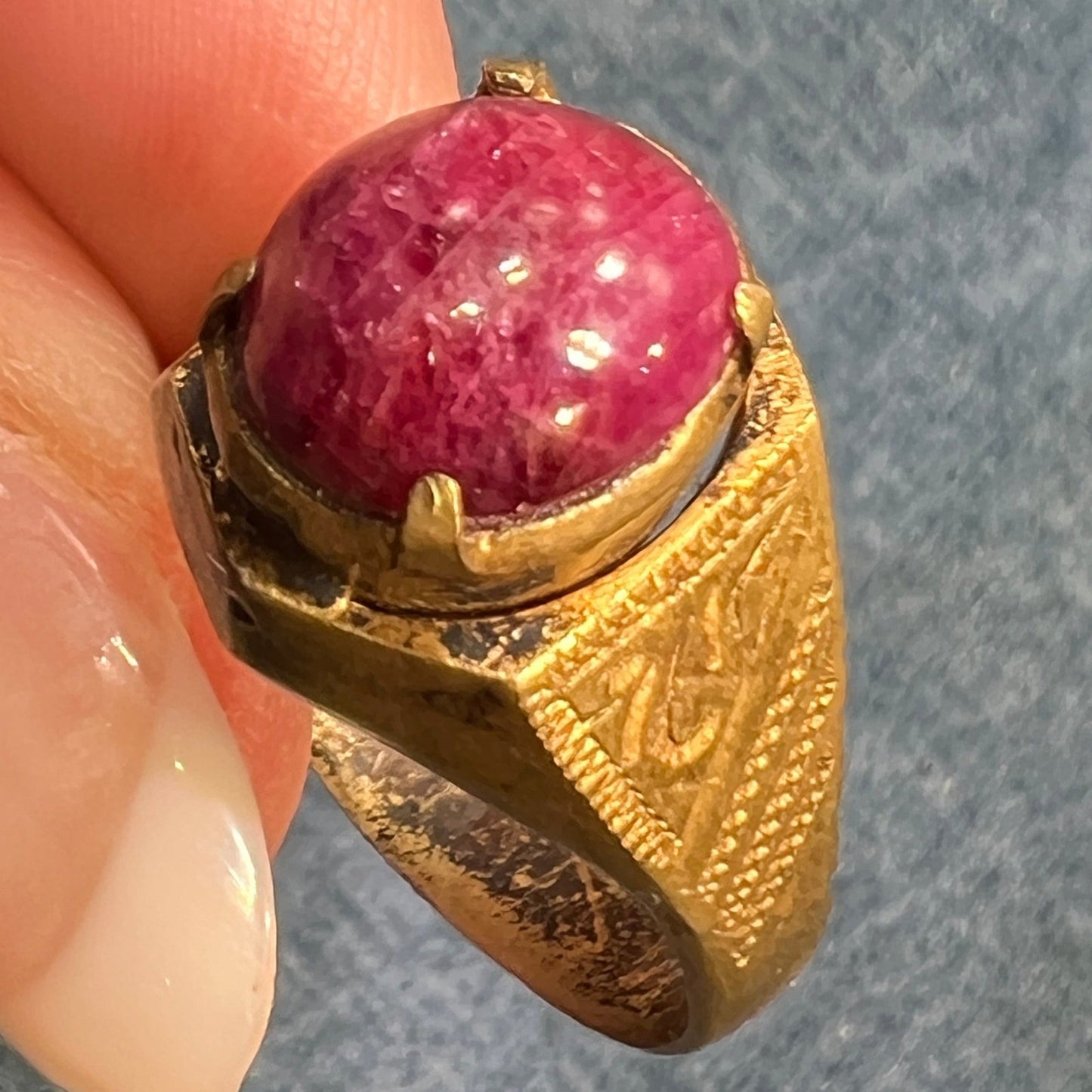 Natural Cabochon Ruby in Rustic Gold-Tone Signet Ring