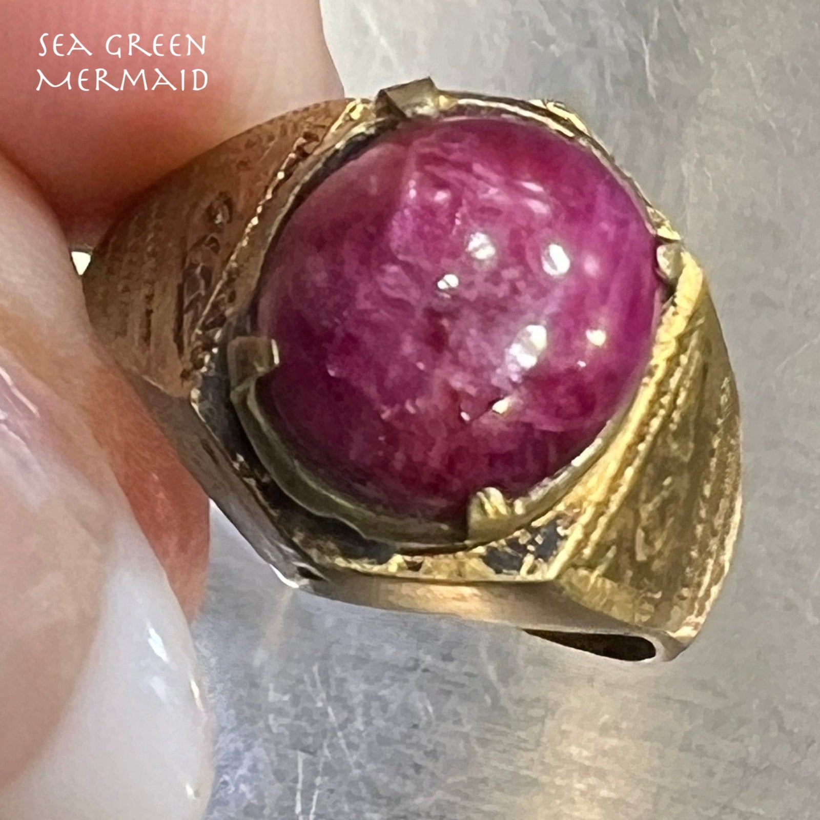 Natural Cabochon Ruby in Rustic Gold-Tone Signet Ring