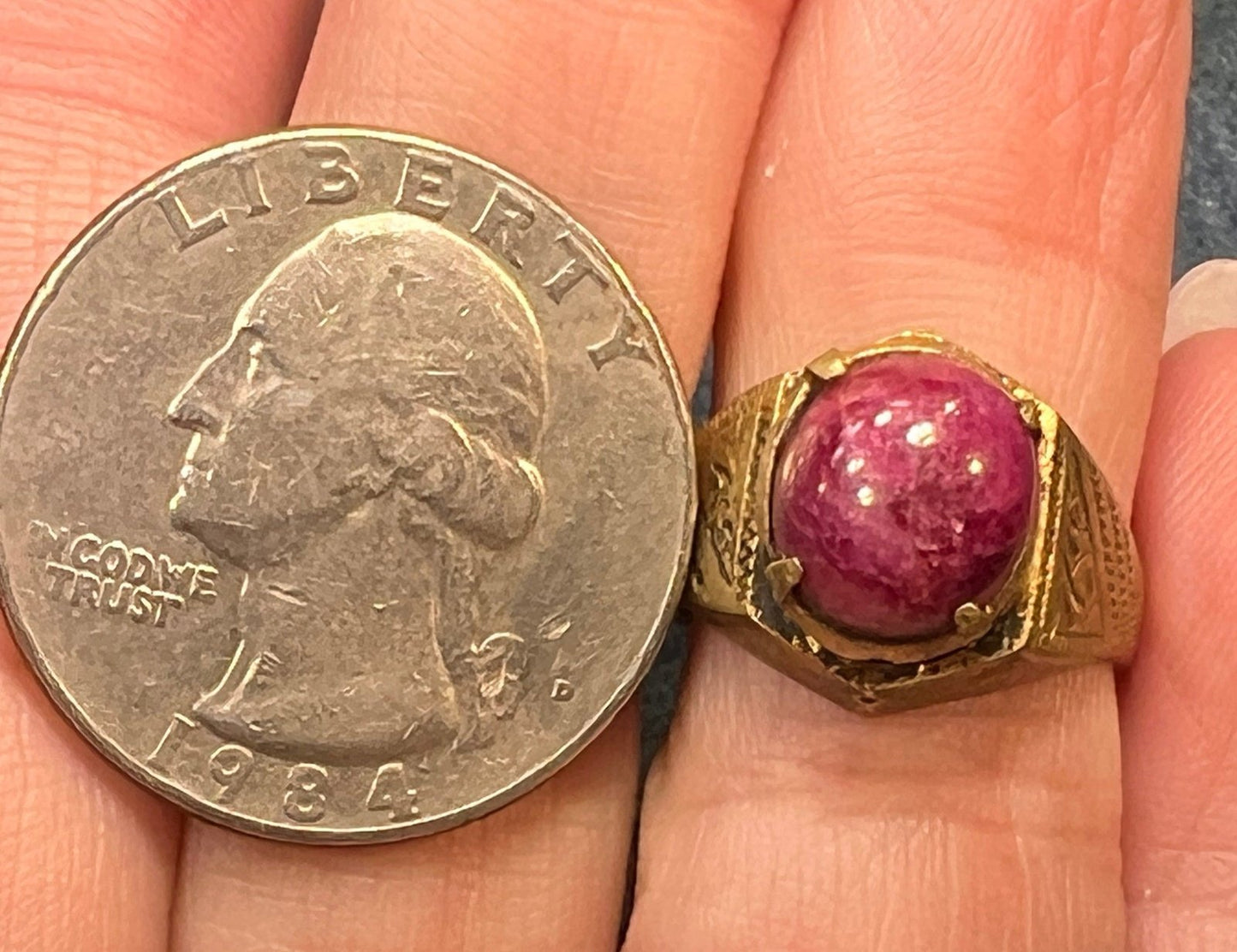 Natural Cabochon Ruby in Rustic Gold-Tone Signet Ring