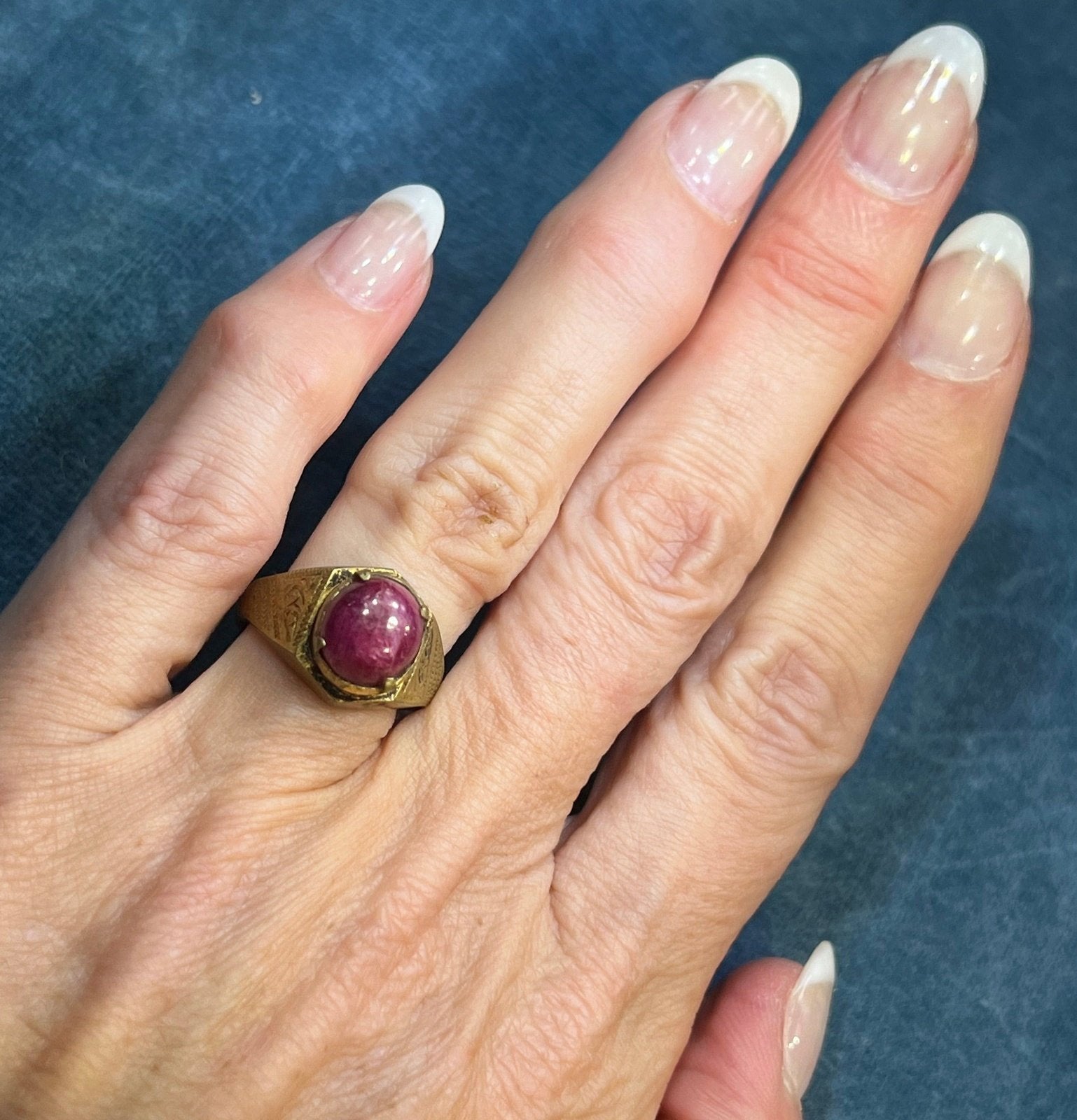 Natural Cabochon Ruby in Rustic Gold-Tone Signet Ring