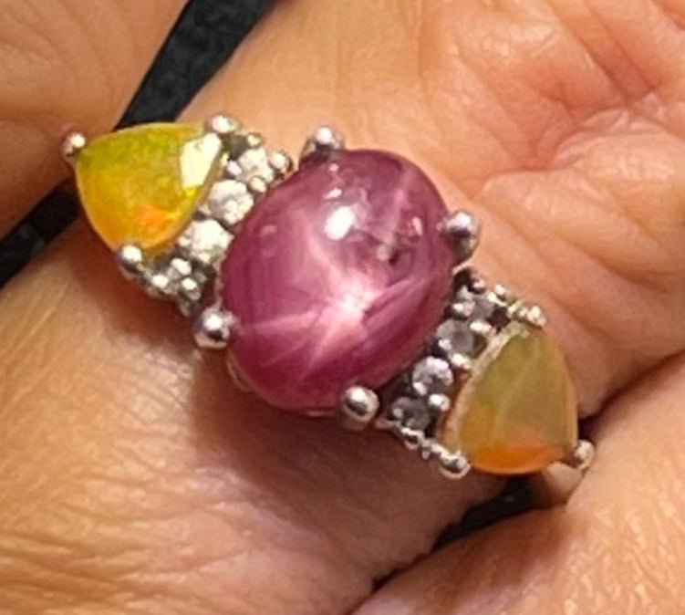 Natural Star Ruby Ring w Ethiopian Opals in Sterling Silver *Video*