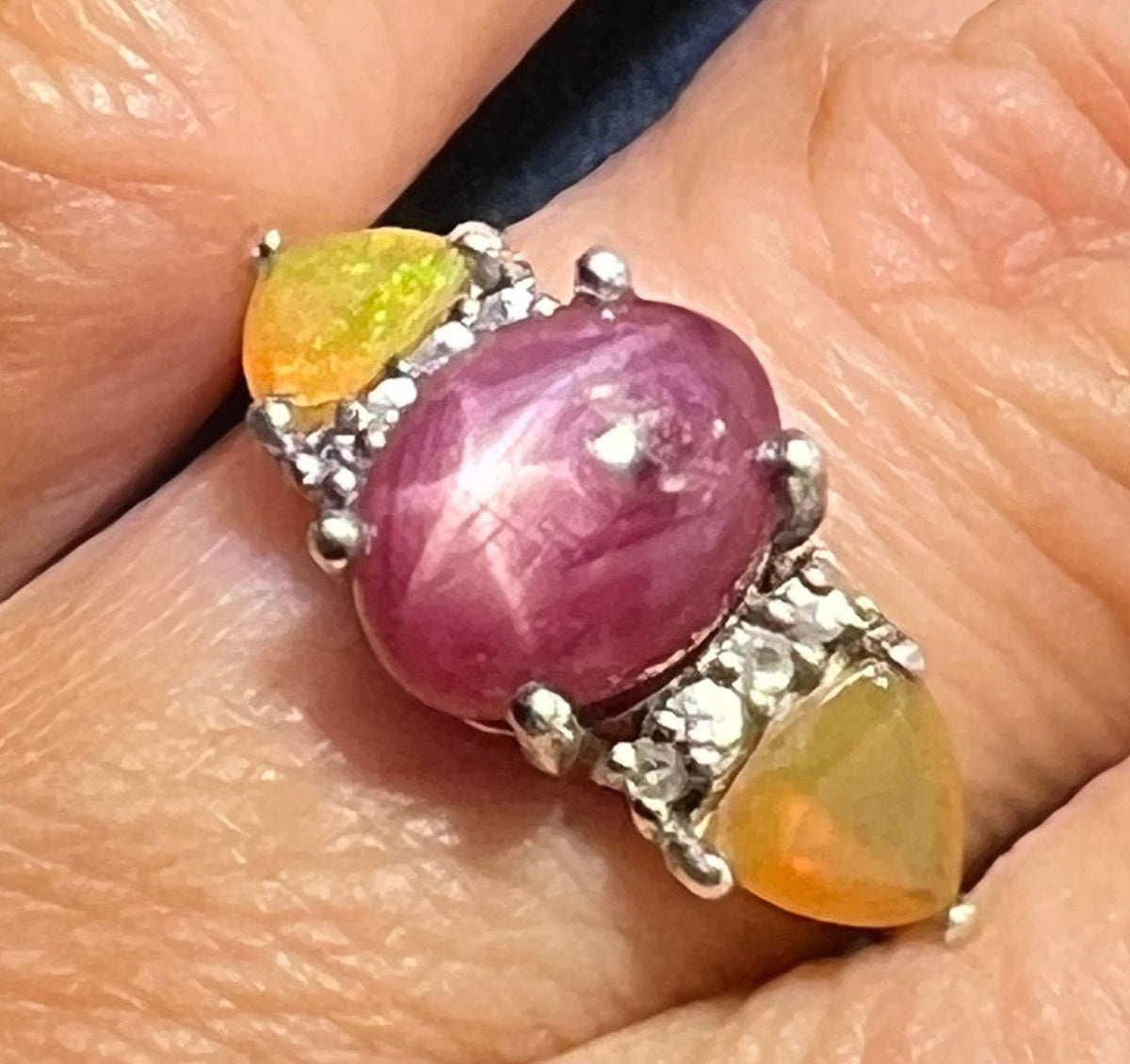Natural Star Ruby Ring w Ethiopian Opals in Sterling Silver *Video*
