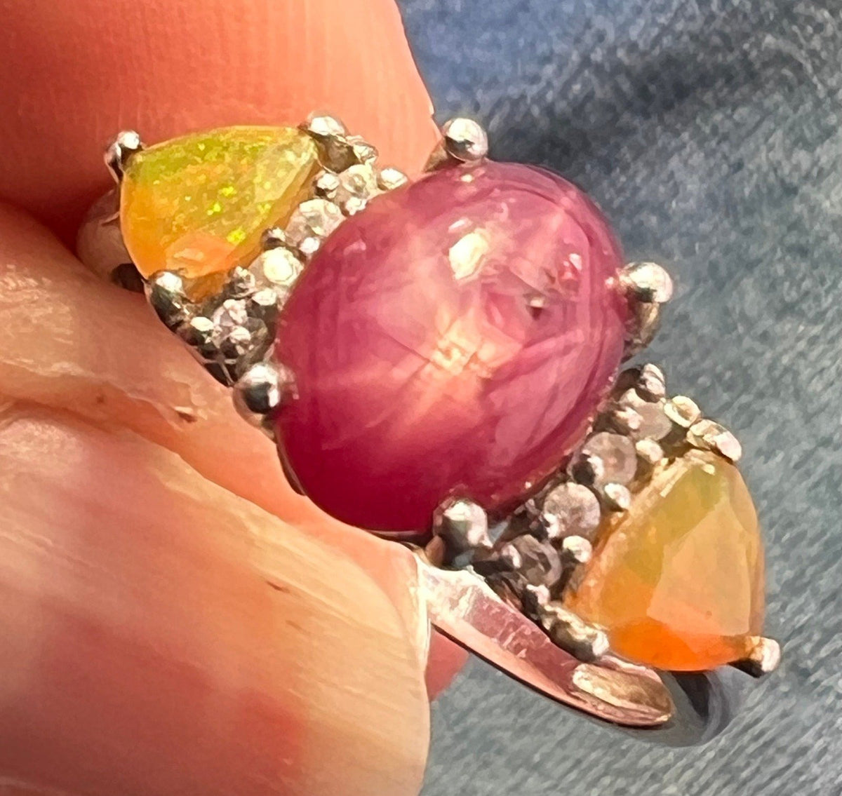 Natural Star Ruby Ring w Ethiopian Opals in Sterling Silver *Video*