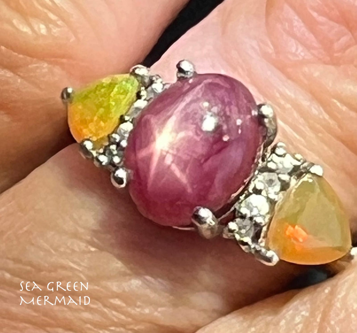 Natural Star Ruby Ring w Ethiopian Opals in Sterling Silver *Video*