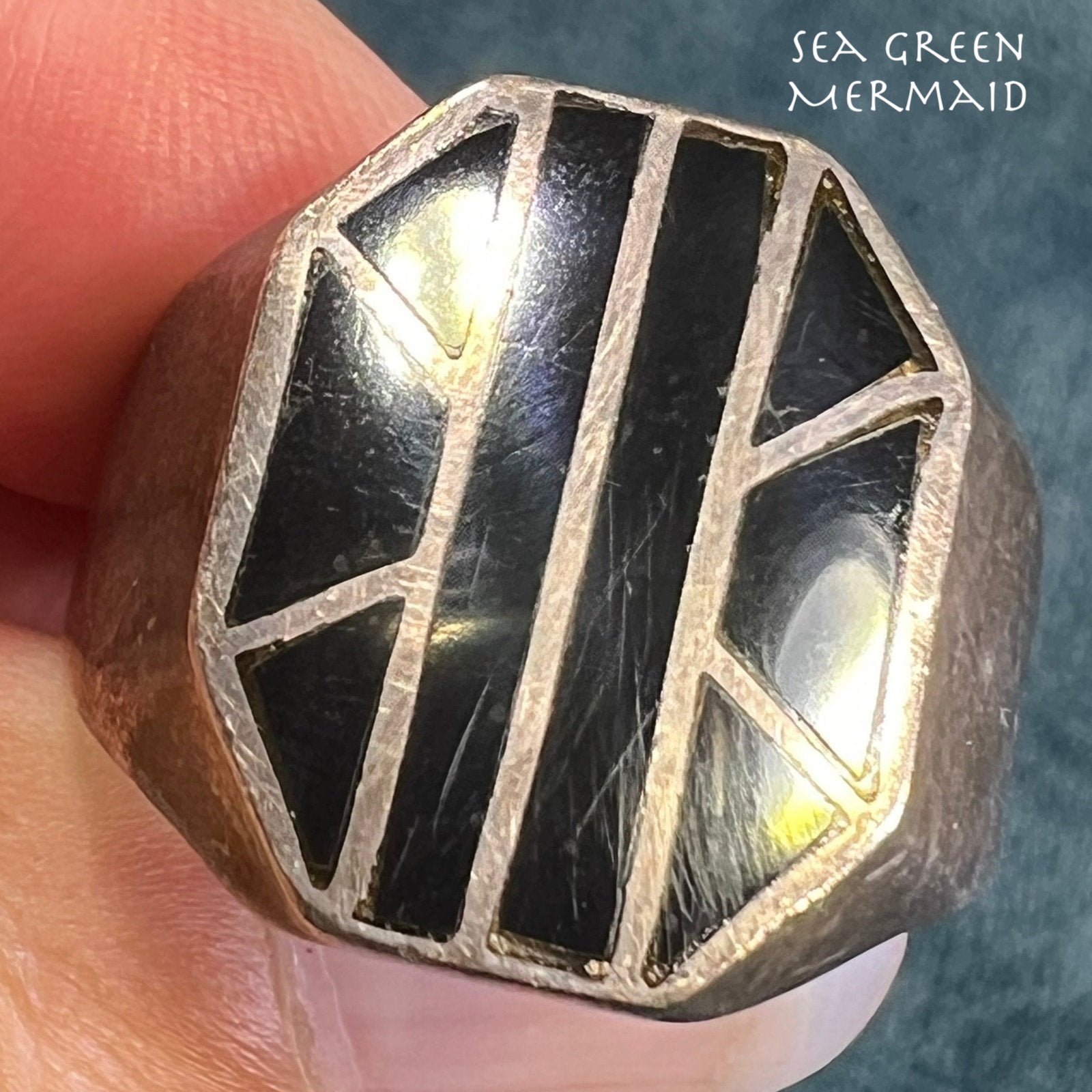 Old Pawn Tribal SPIDERWEB Silver Ring w Inlaid Onyx. 14g + 3/4"