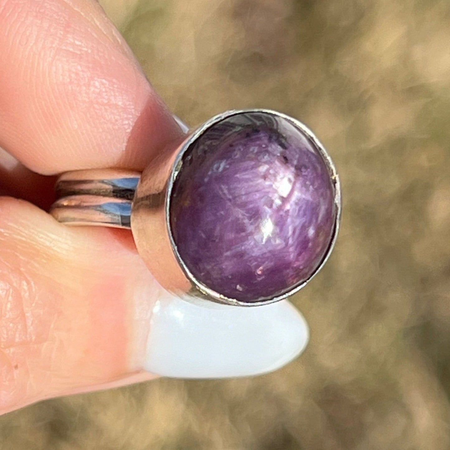 Purple Star Sapphire / Star Ruby Ring in Sterling Silver. 3/4" + 11g *Video*