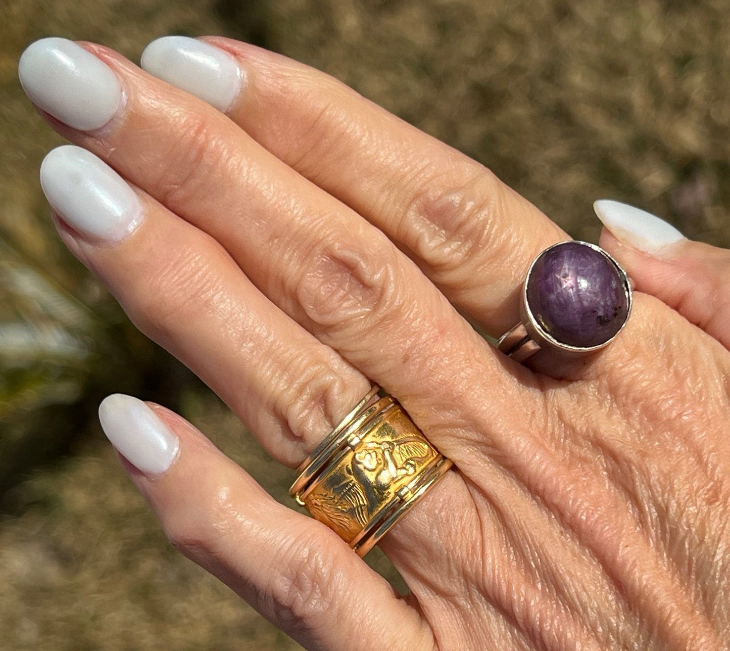 Purple Star Sapphire / Star Ruby Ring in Sterling Silver. 3/4" + 11g *Video*