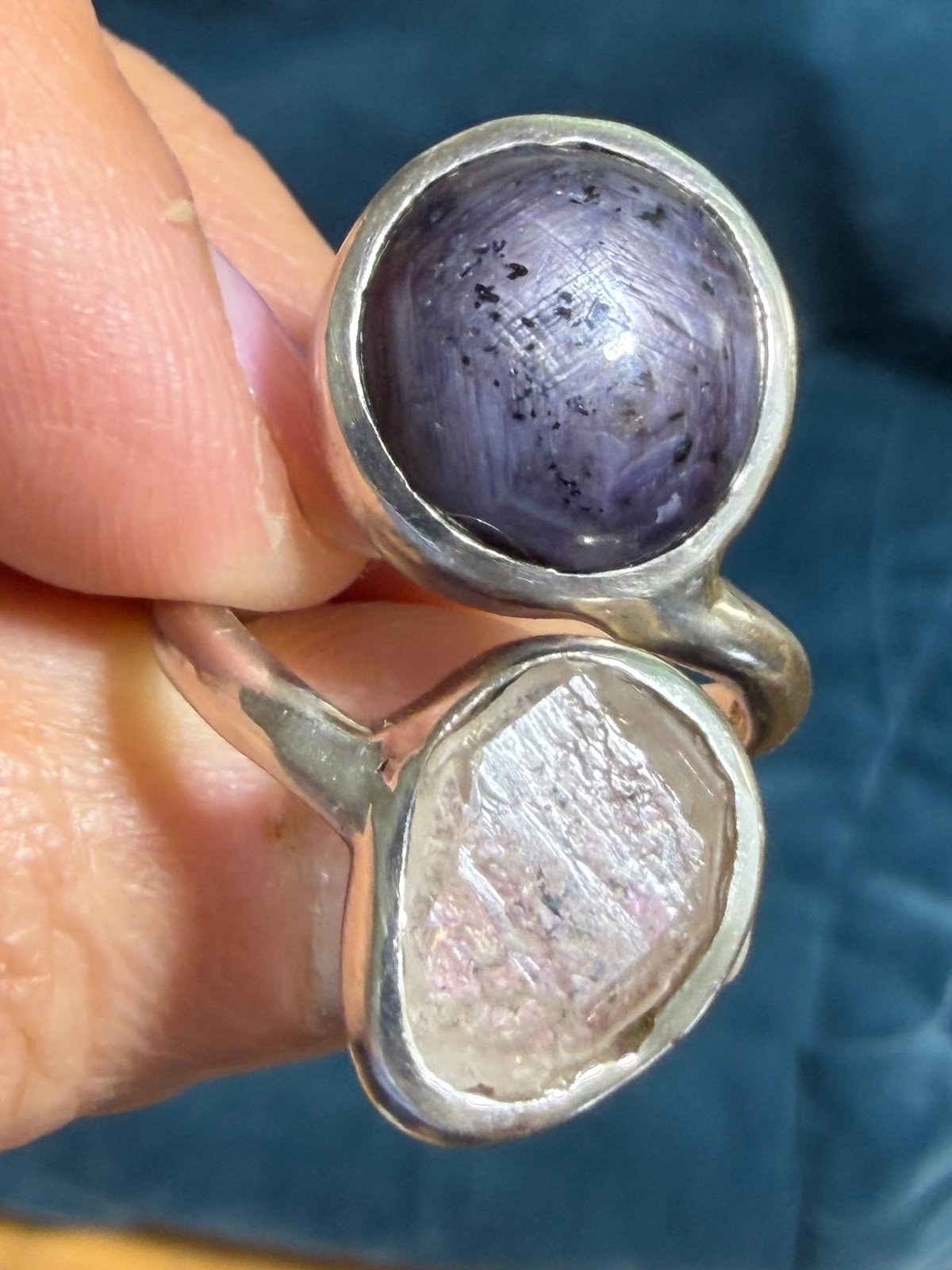Ruby Cabochon + Herkimer "Diamond" Quartz Double Ring in Sterling Silver