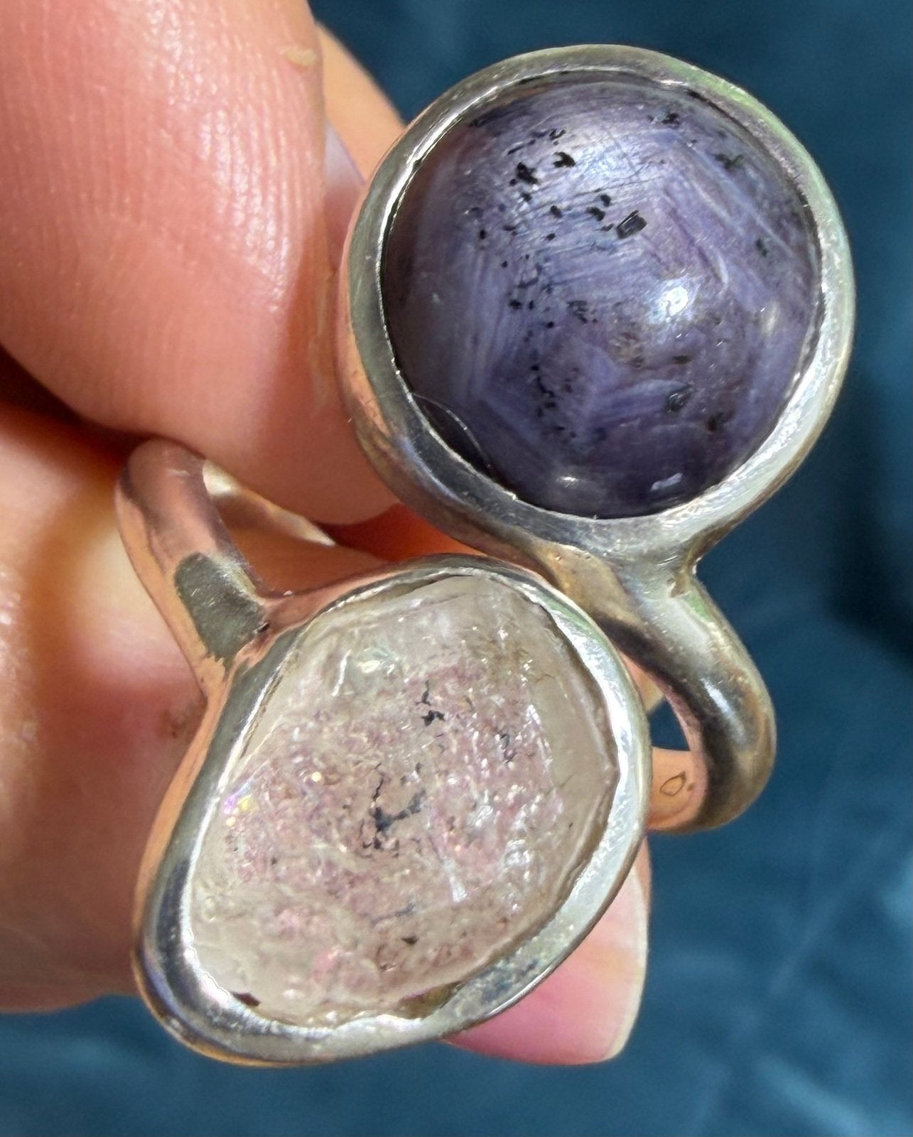 Ruby Cabochon + Herkimer "Diamond" Quartz Double Ring in Sterling Silver