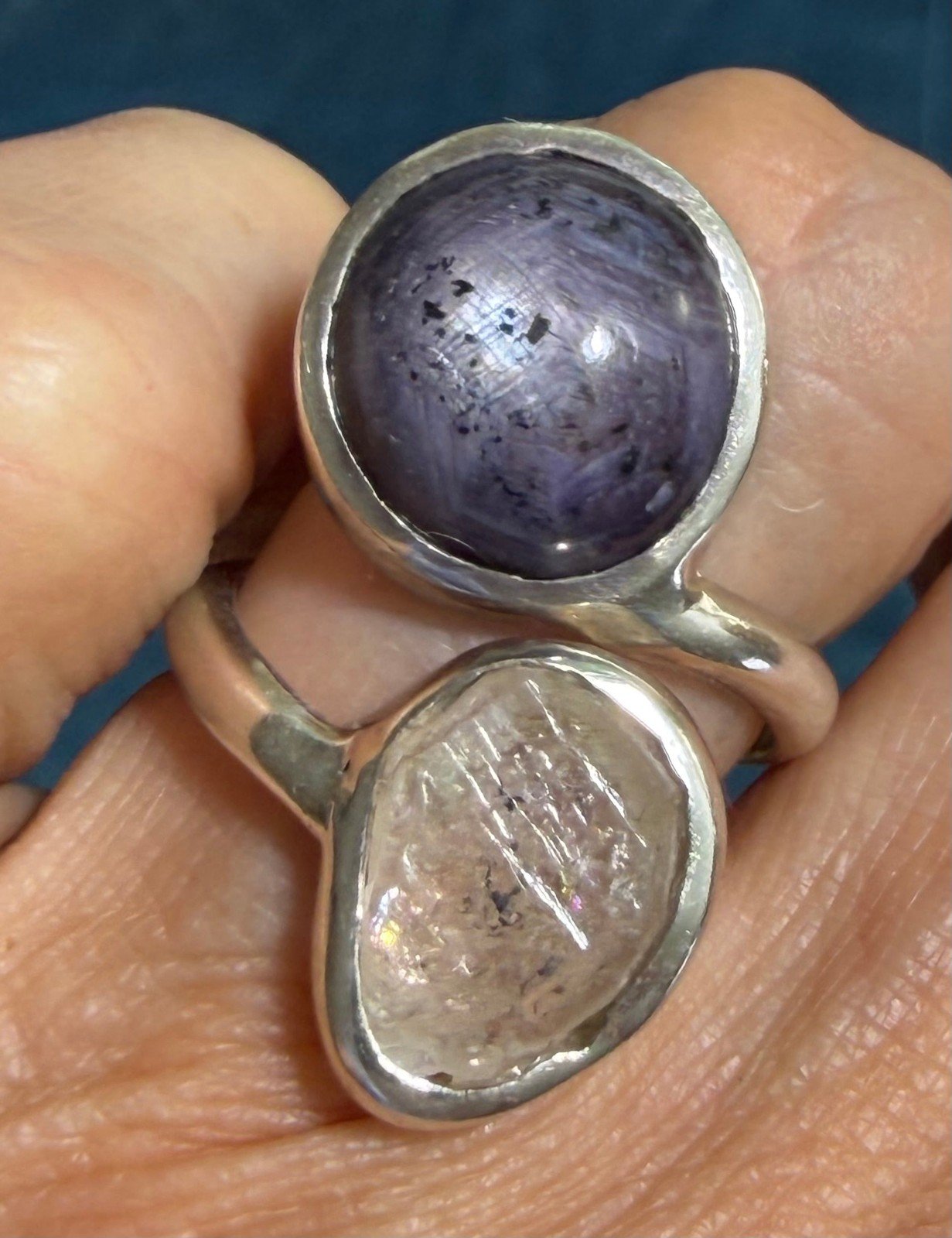 Ruby Cabochon + Herkimer "Diamond" Quartz Double Ring in Sterling Silver