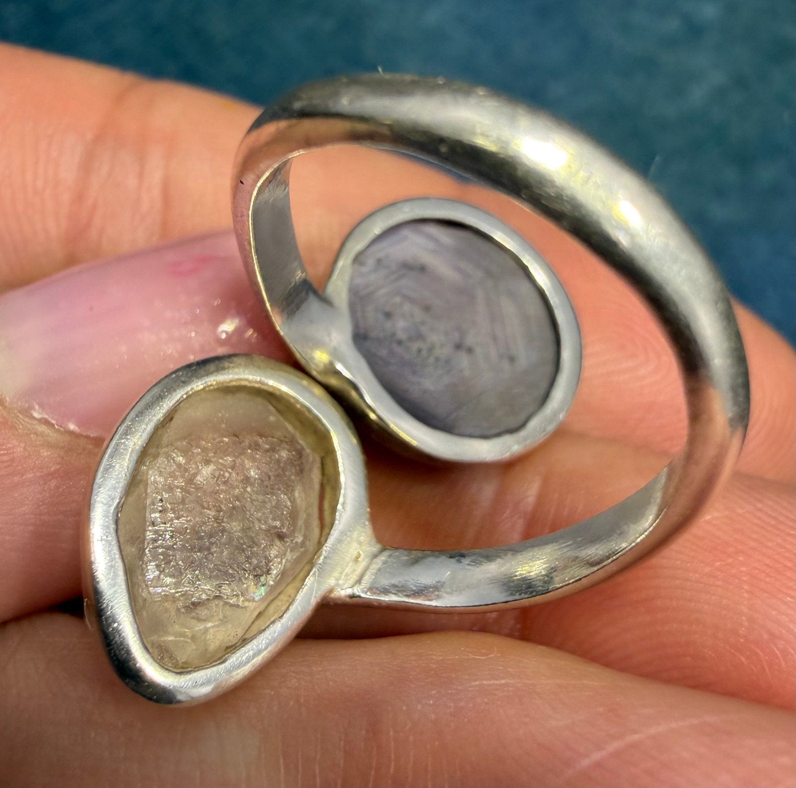 Ruby Cabochon + Herkimer "Diamond" Quartz Double Ring in Sterling Silver