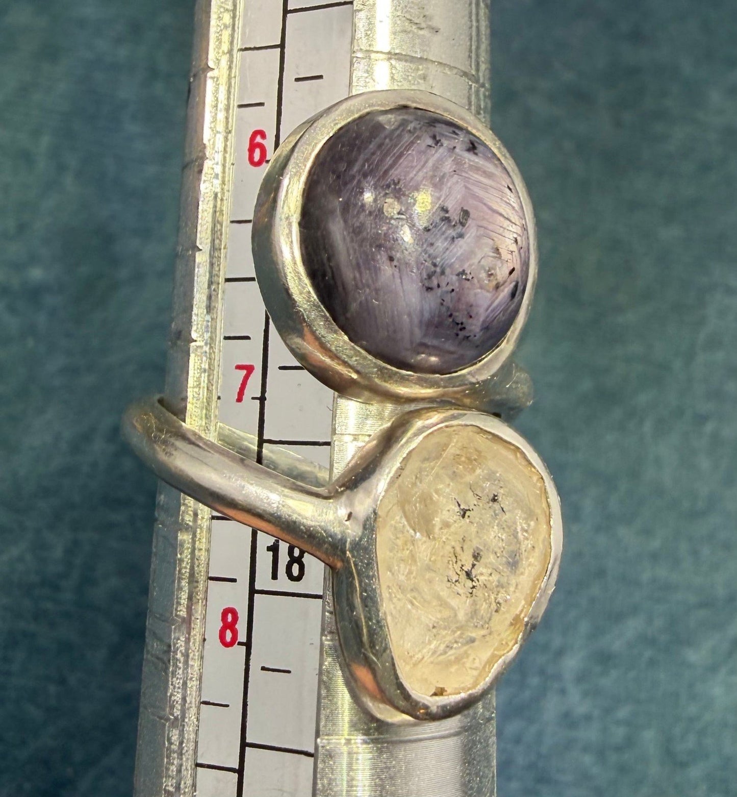 Ruby Cabochon + Herkimer "Diamond" Quartz Double Ring in Sterling Silver
