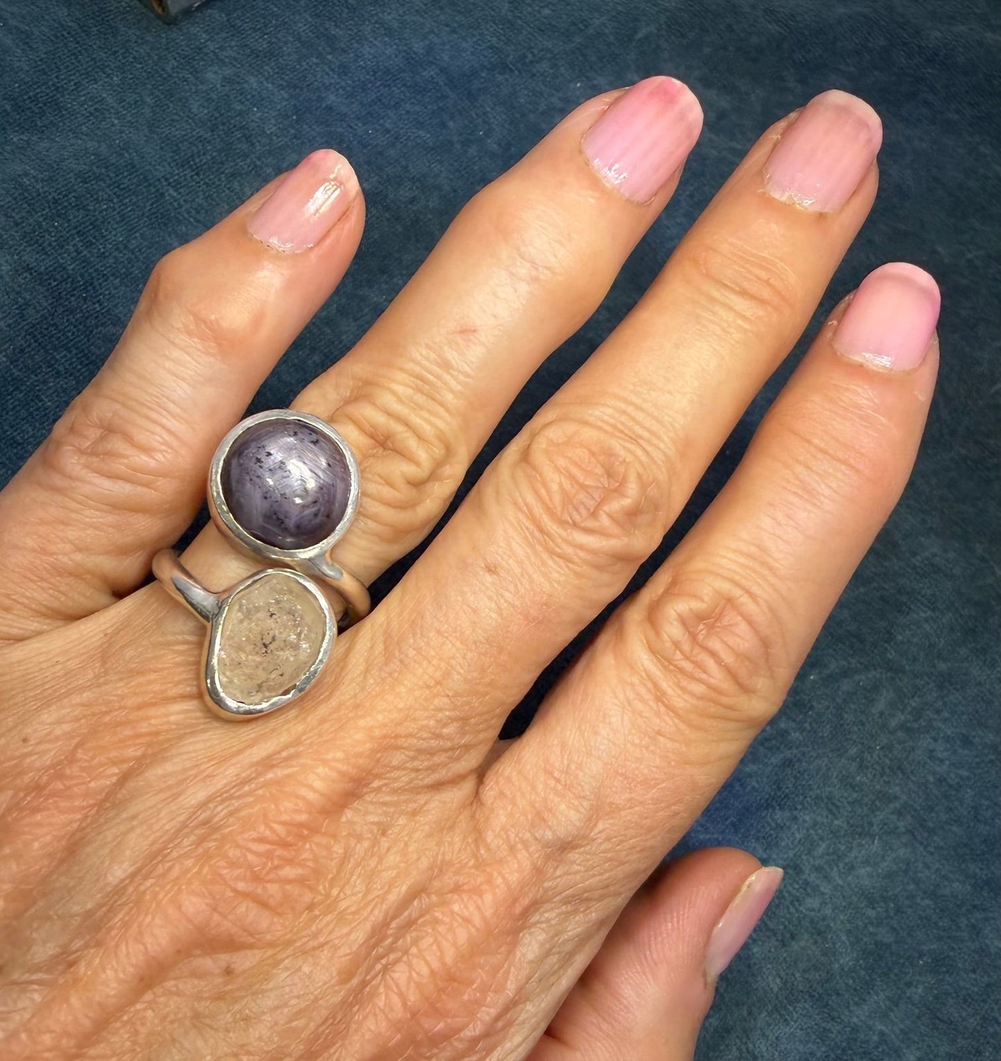 Ruby Cabochon + Herkimer "Diamond" Quartz Double Ring in Sterling Silver