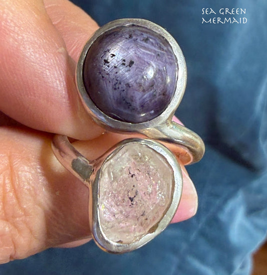 Ruby Cabochon + Herkimer "Diamond" Quartz Double Ring in Sterling Silver