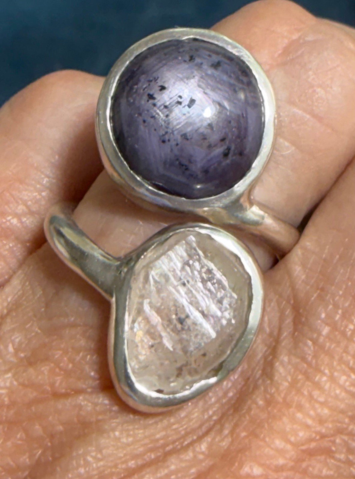 Ruby Cabochon + Herkimer "Diamond" Quartz Double Ring in Sterling Silver