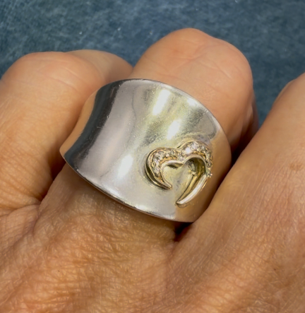 14k Yellow Gold + Diamond Heart on Wide 925 Silver Ring *Video*