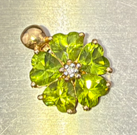 14k Yellow Gold Peridot + Diamond Pendant. Heart Flower Petals