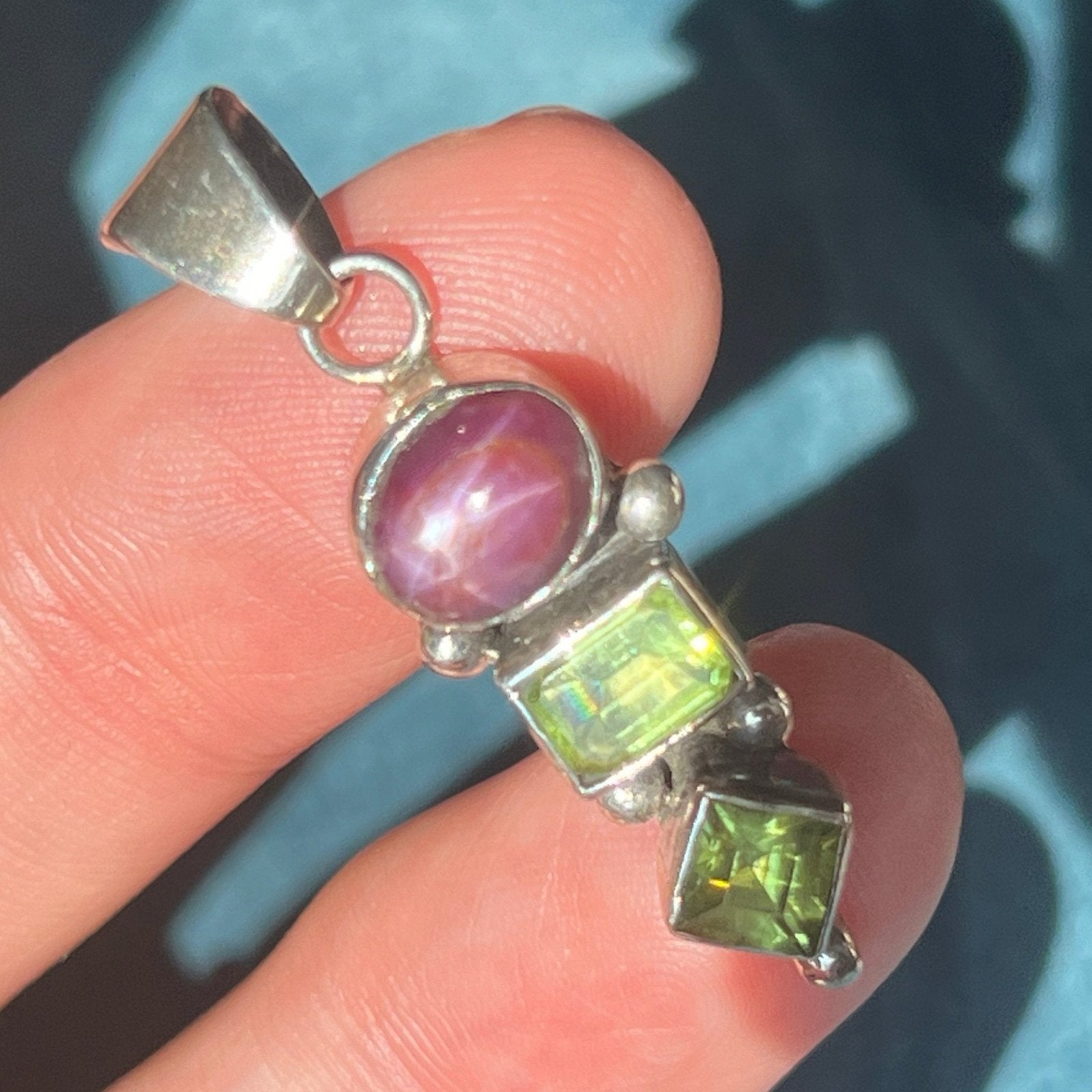 Star Ruby & Peridot Sterling Silver Pendant. 1.5" *Video*