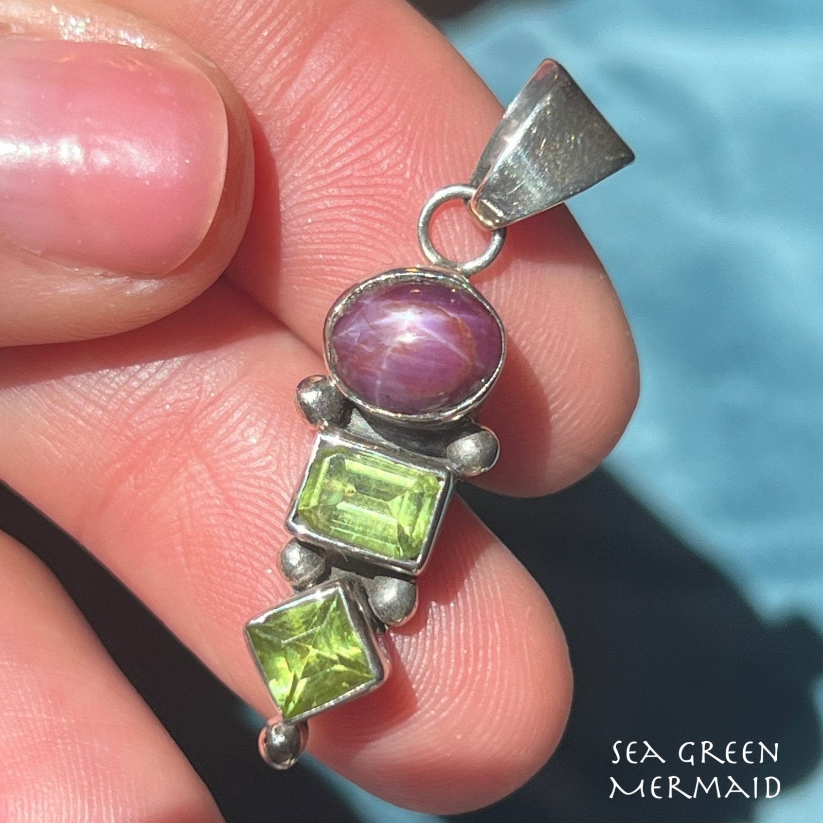 Star Ruby & Peridot Sterling Silver Pendant. 1.5" *Video*