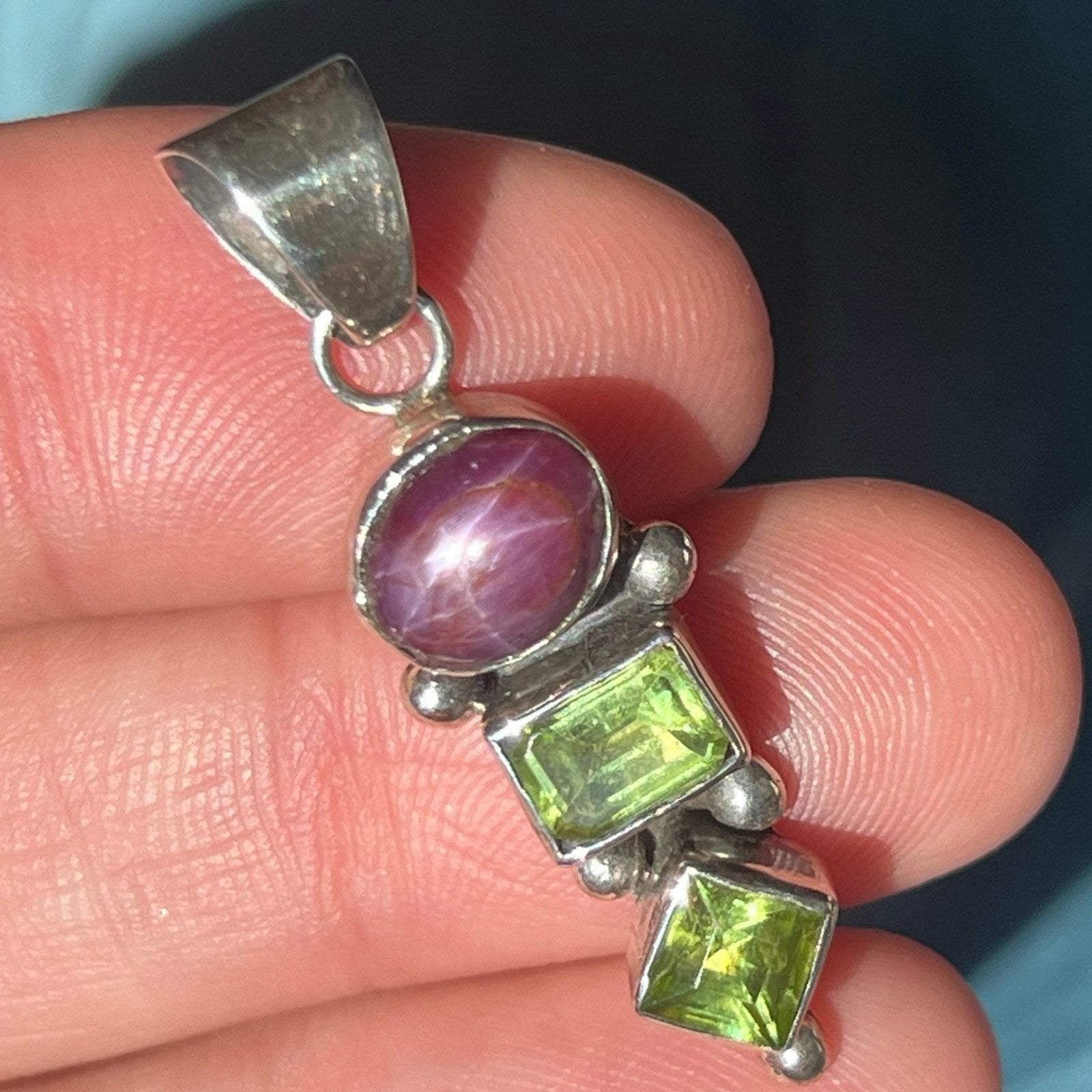 Star Ruby & Peridot Sterling Silver Pendant. 1.5" *Video*