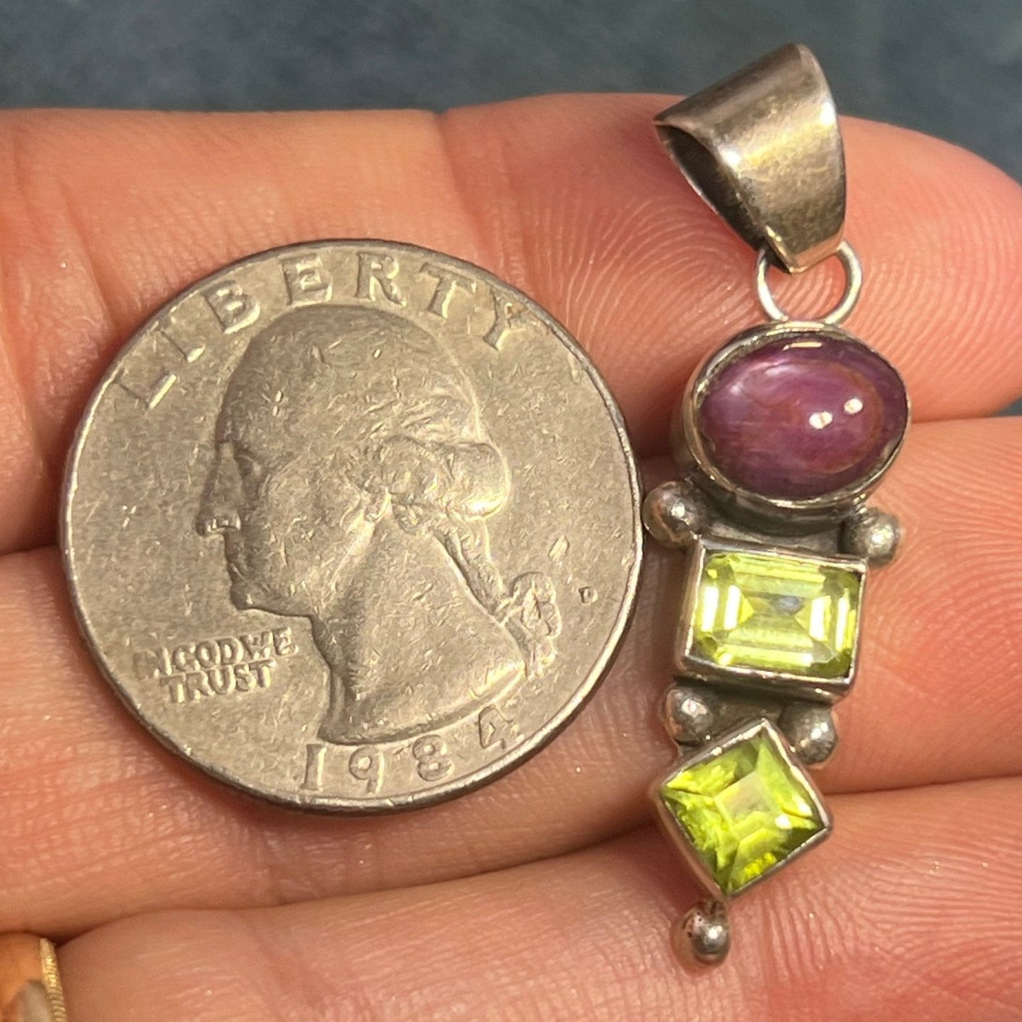 Star Ruby & Peridot Sterling Silver Pendant. 1.5" *Video*