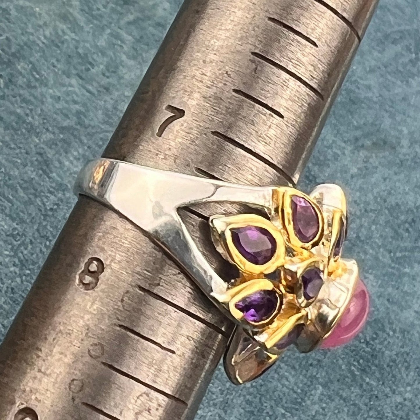 Star Ruby Ring w Amethyst Halo in Sterling Silver. 3/4" + 8g *Video*