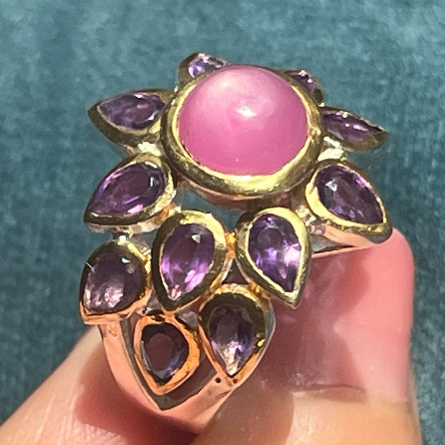 Star Ruby Ring w Amethyst Halo in Sterling Silver. 3/4" + 8g *Video*