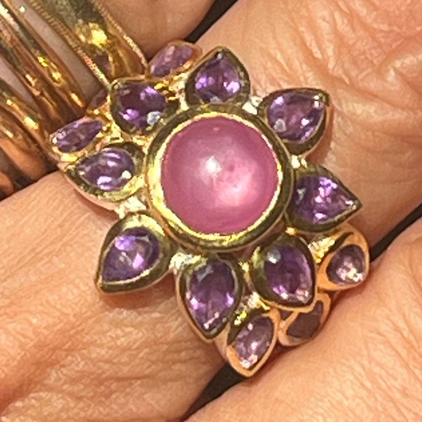 Star Ruby Ring w Amethyst Halo in Sterling Silver. 3/4" + 8g *Video*