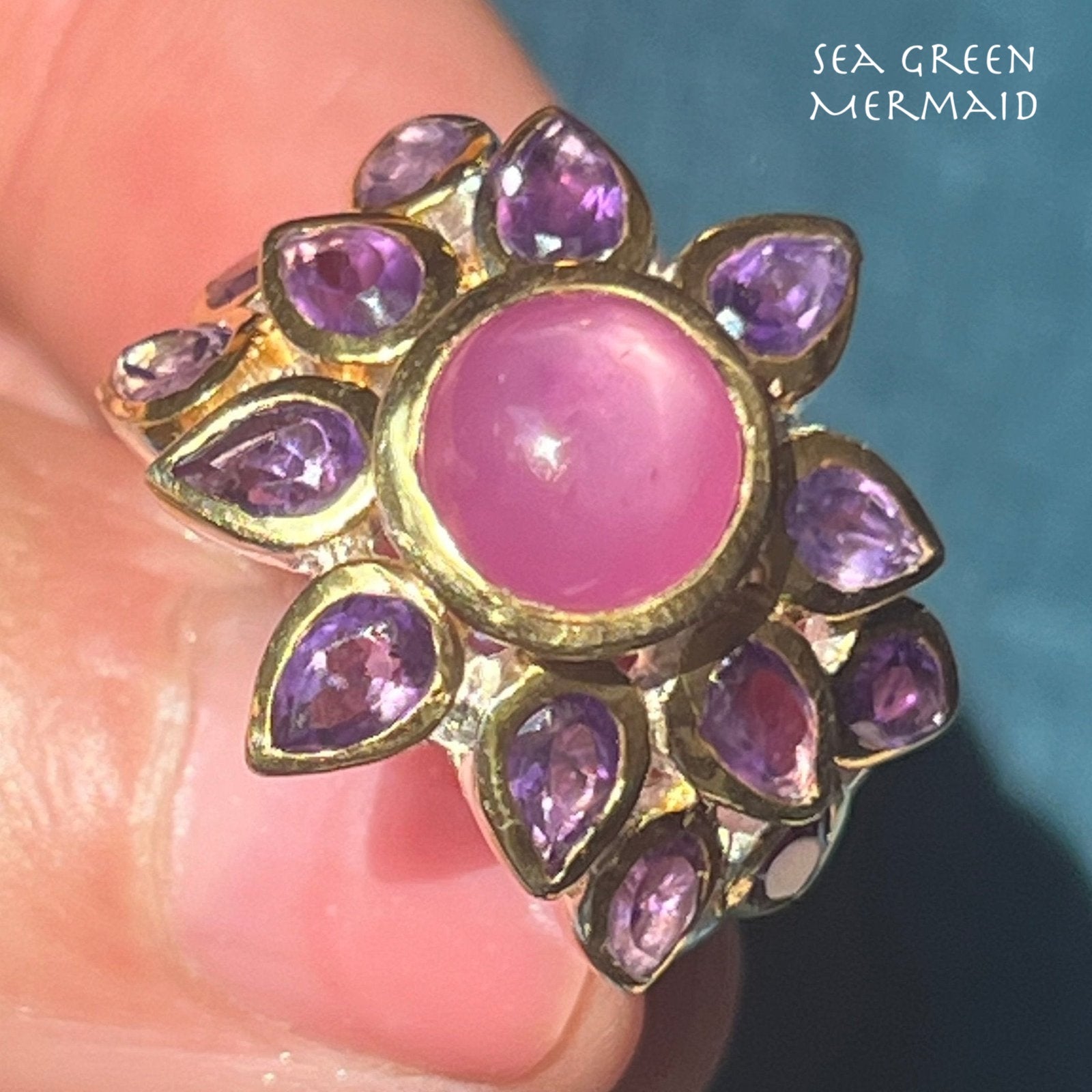 Star Ruby Ring w Amethyst Halo in Sterling Silver. 3/4" + 8g *Video*