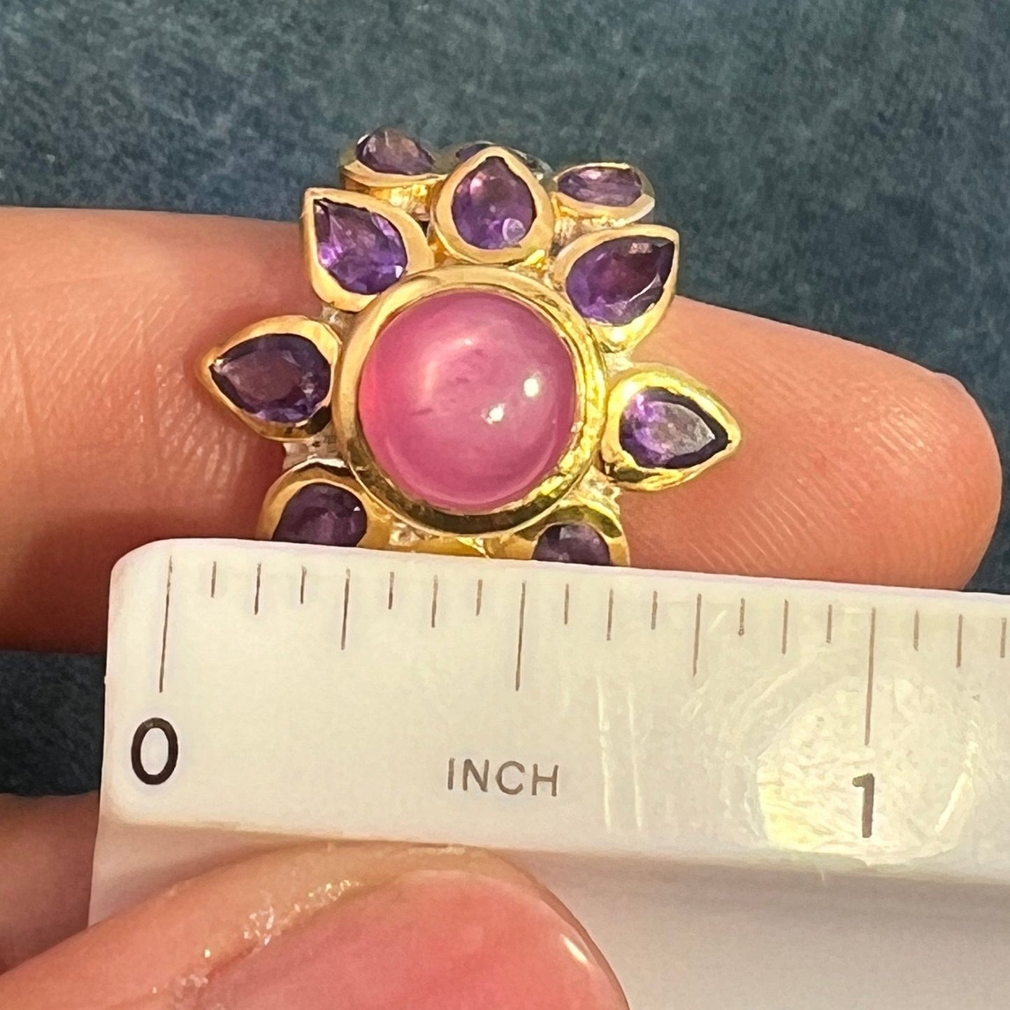 Star Ruby Ring w Amethyst Halo in Sterling Silver. 3/4" + 8g *Video*