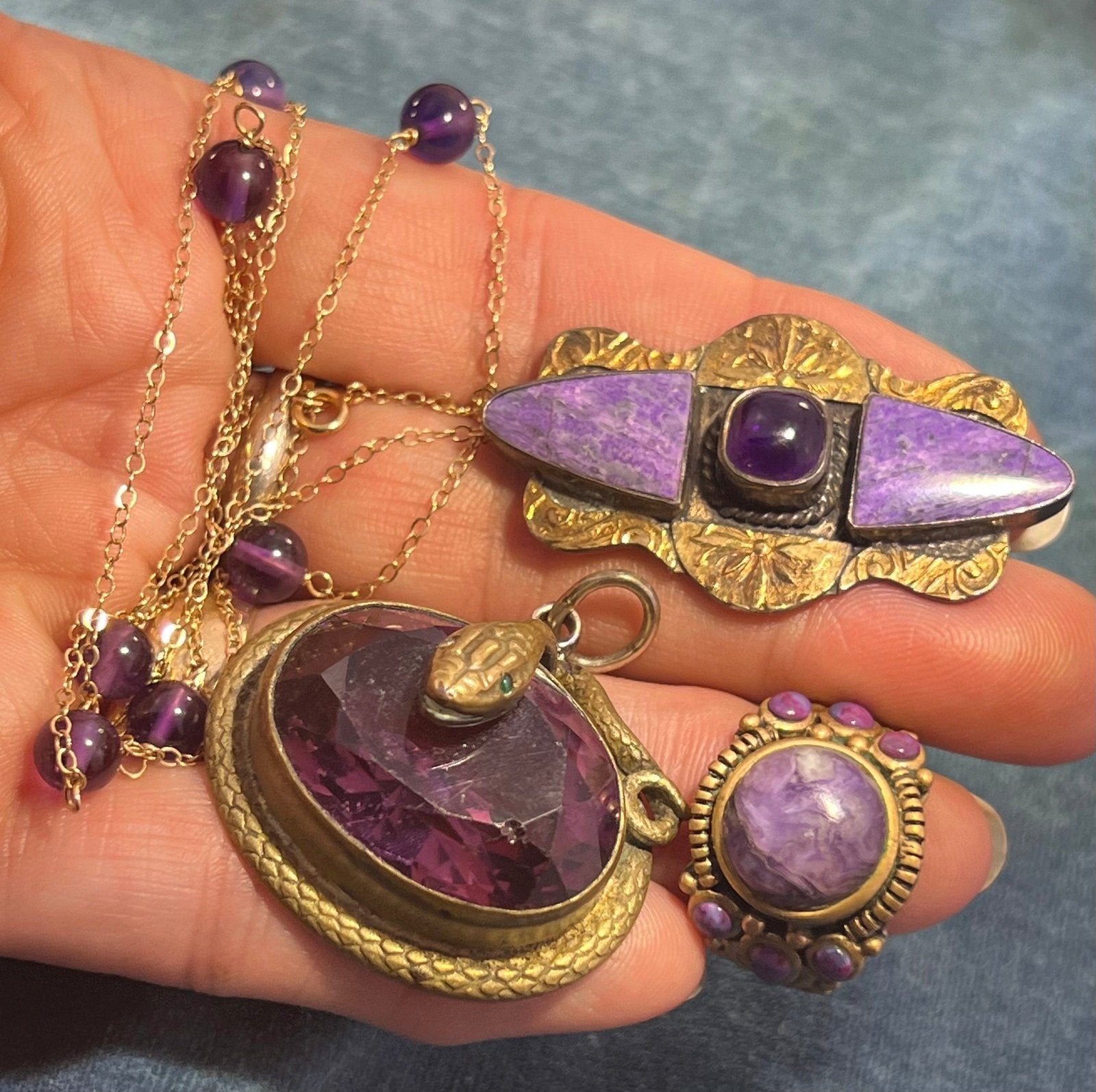 UNDER COST - Lot of 925 + Brass Jewelry w 14k Gold Amethyst Chain - Box 18