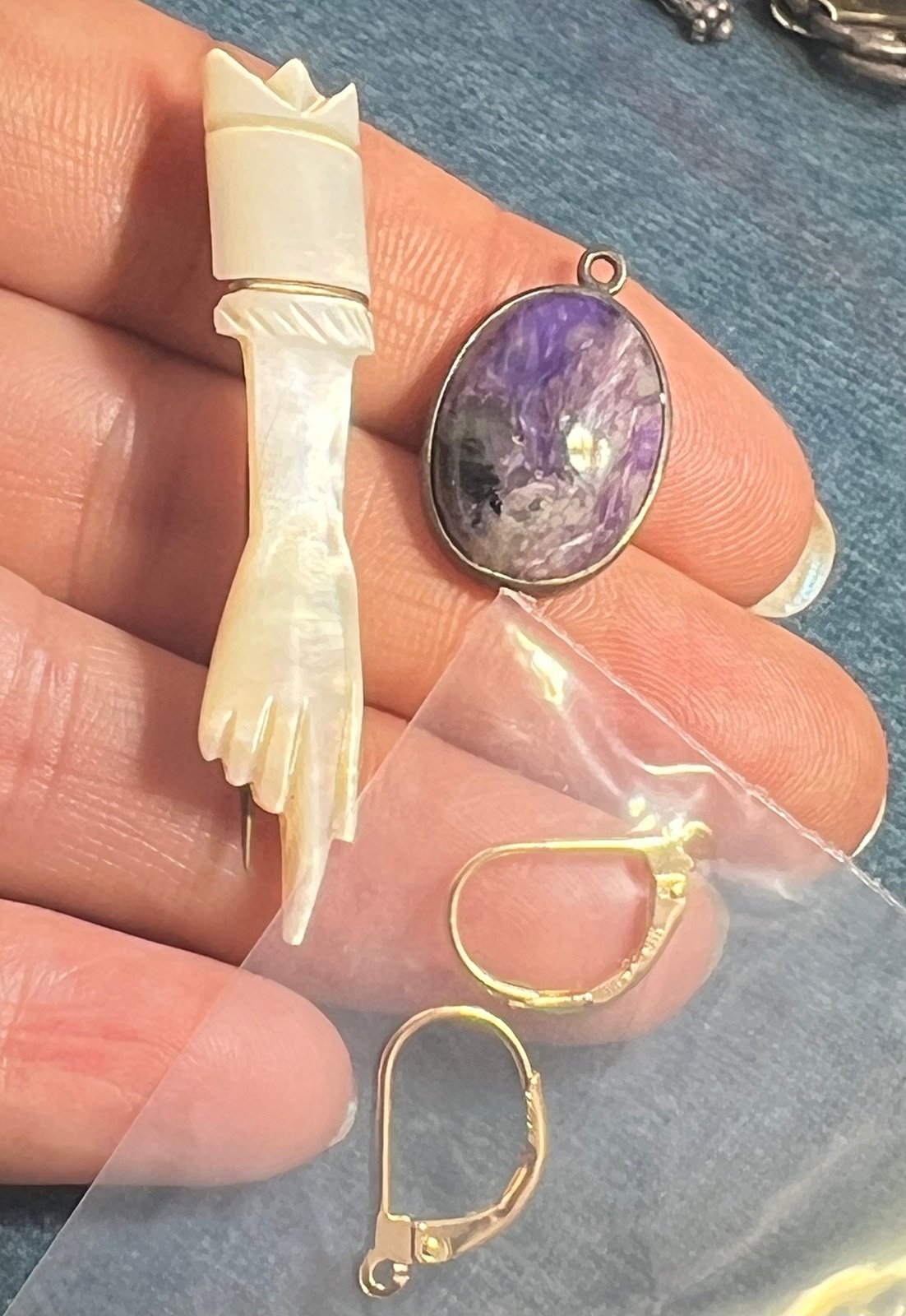 UNDER COST - Lot of 925 Jewelry - Charoite Pendant + 10k Gold MOP Pin - Box Z11