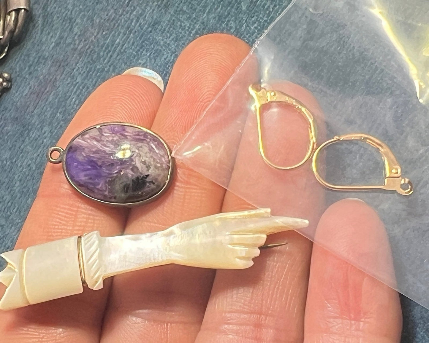 UNDER COST - Lot of 925 Jewelry - Charoite Pendant + 10k Gold MOP Pin - Box Z11