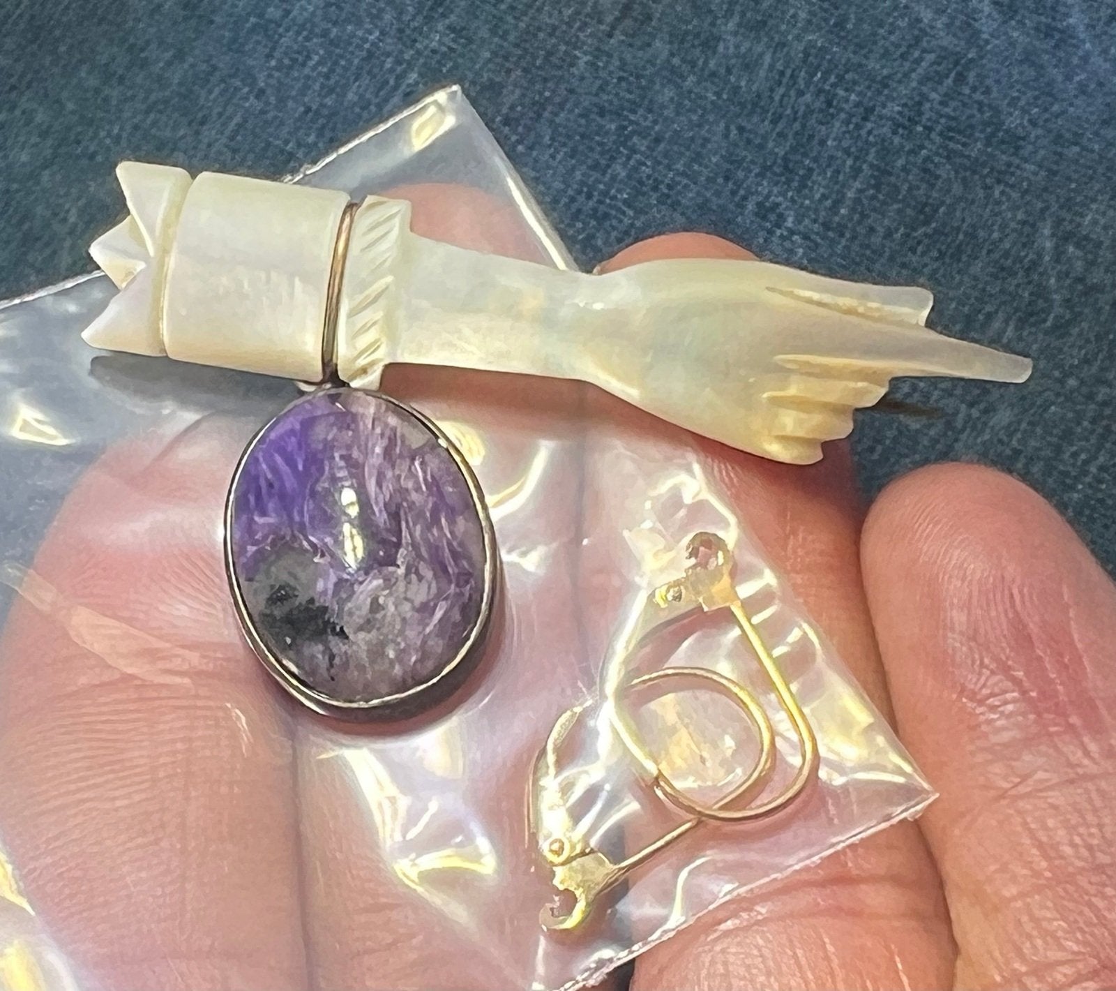 UNDER COST - Lot of 925 Jewelry - Charoite Pendant + 10k Gold MOP Pin - Box Z11