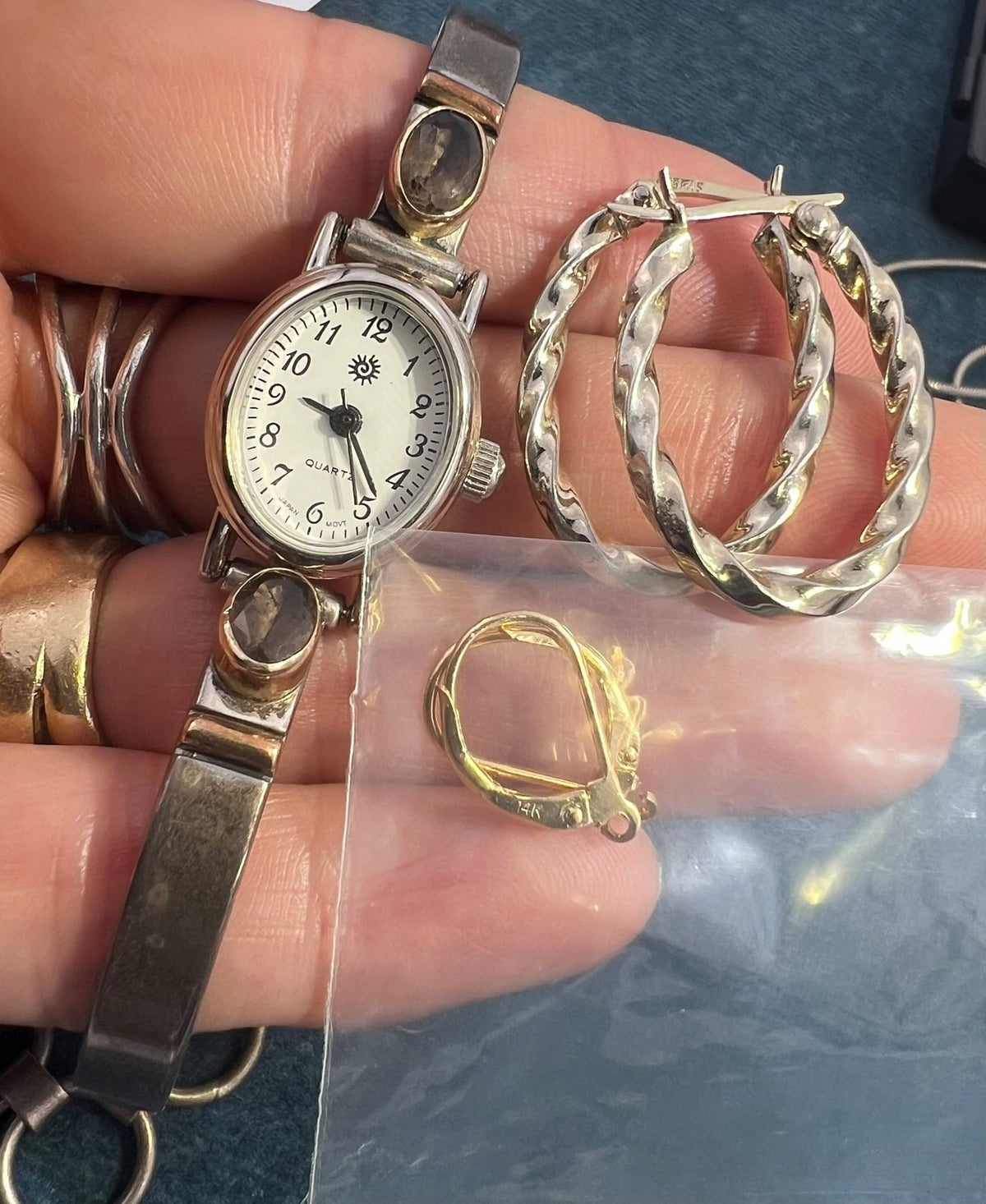 UNDER COST - Lot of Jewelry - Hoop Earrings + 14k /925 Watch Ends - Box Z14