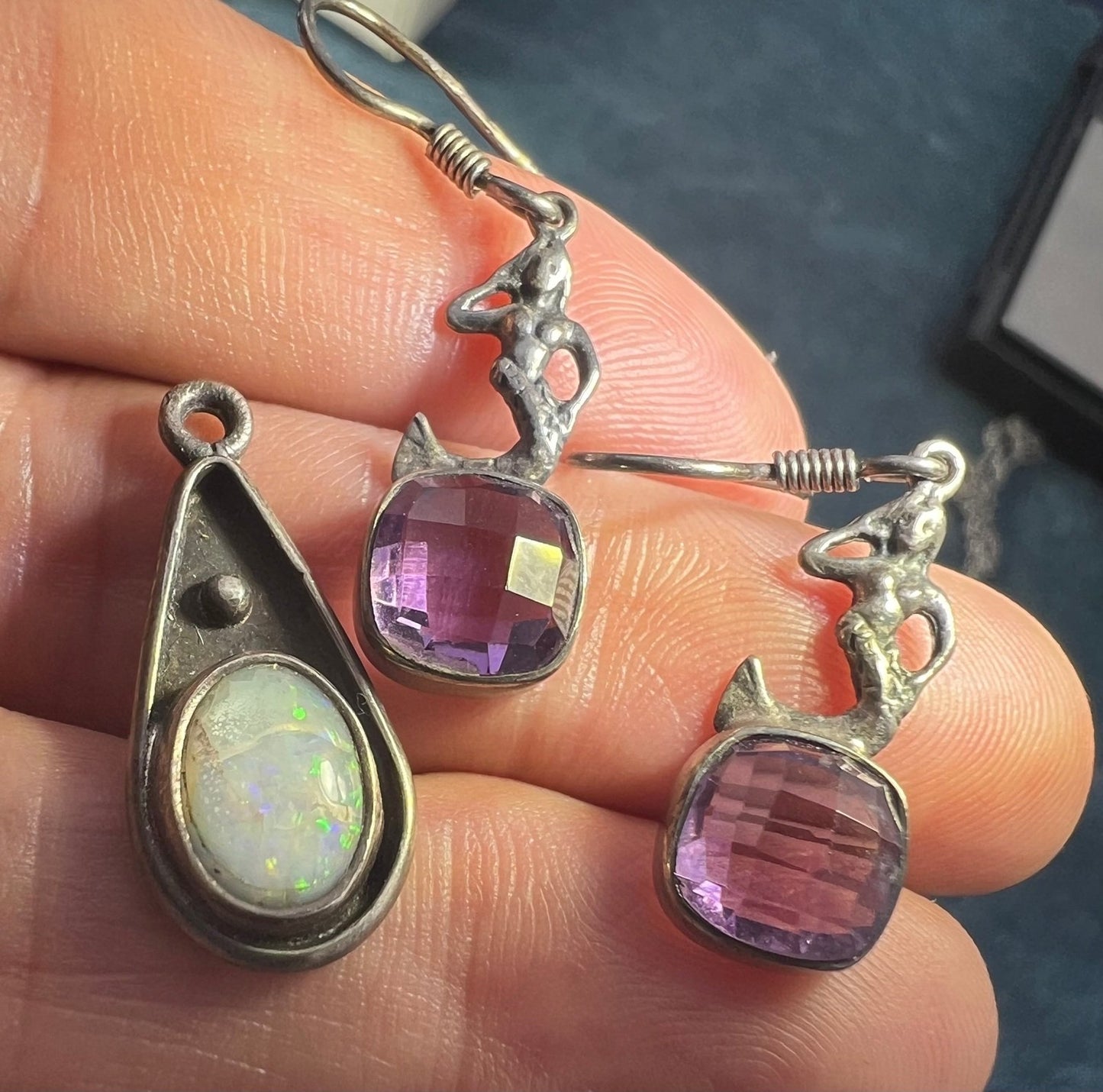 UNDER COST - Lot of Jewelry - Mermaid Amethyst Earrings + Opal Pendant - Box Z17
