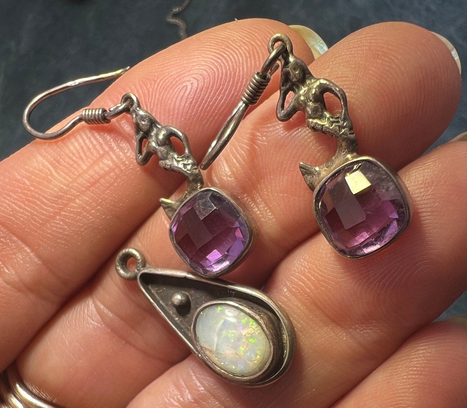 UNDER COST - Lot of Jewelry - Mermaid Amethyst Earrings + Opal Pendant - Box Z17