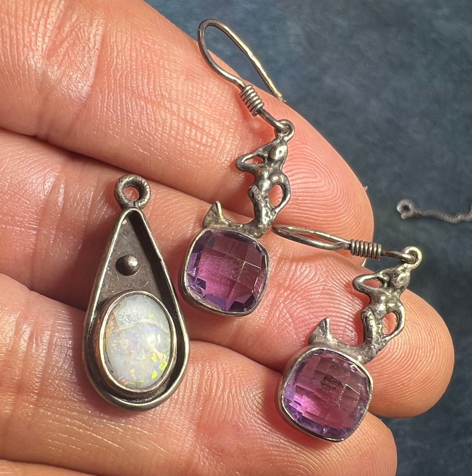 UNDER COST - Lot of Jewelry - Mermaid Amethyst Earrings + Opal Pendant - Box Z17