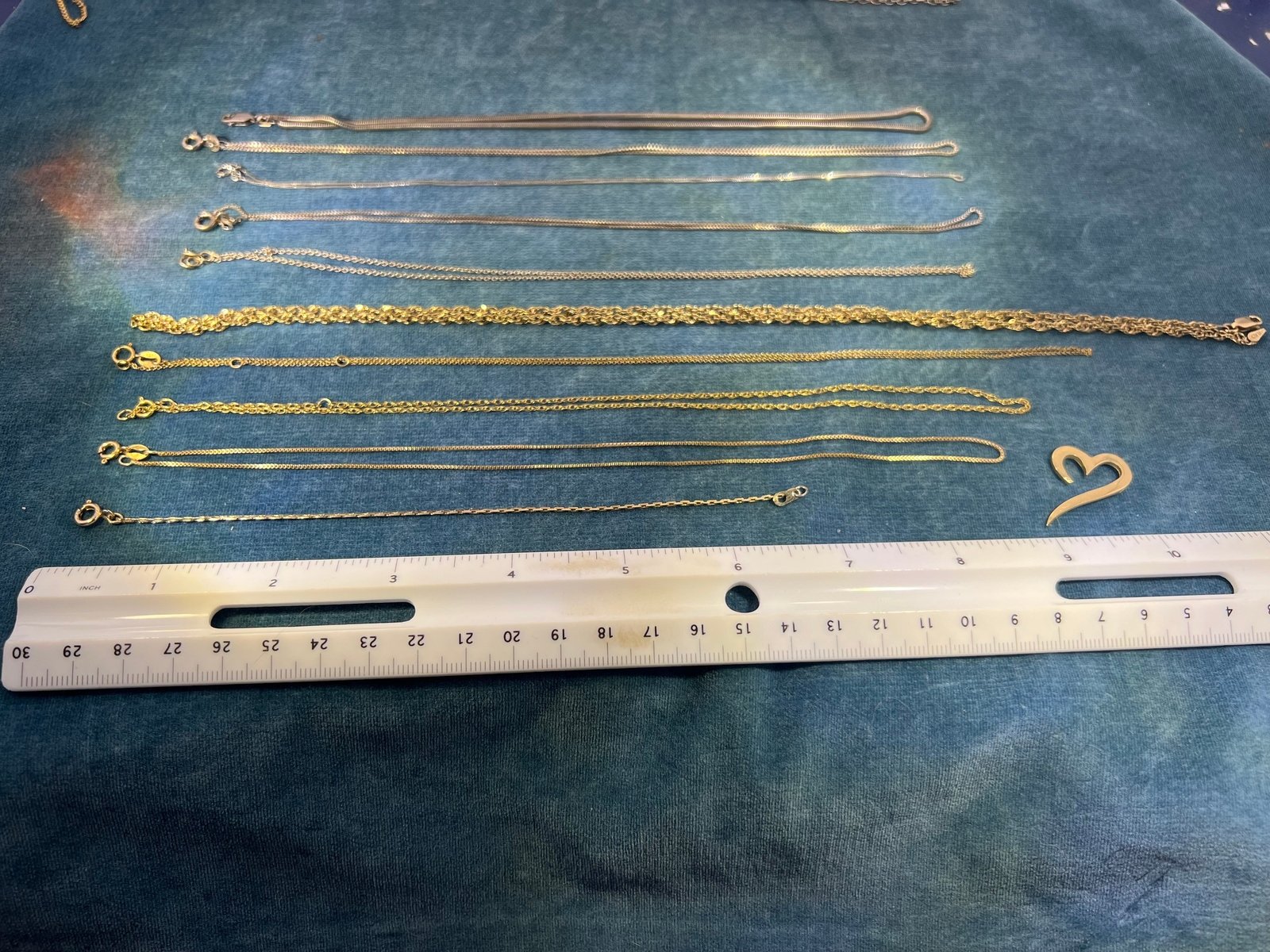 UNDER COST - Lot of TEN 925 Gold + Silver Tone Chains w 10k Gold Heart Pendant - Box 23