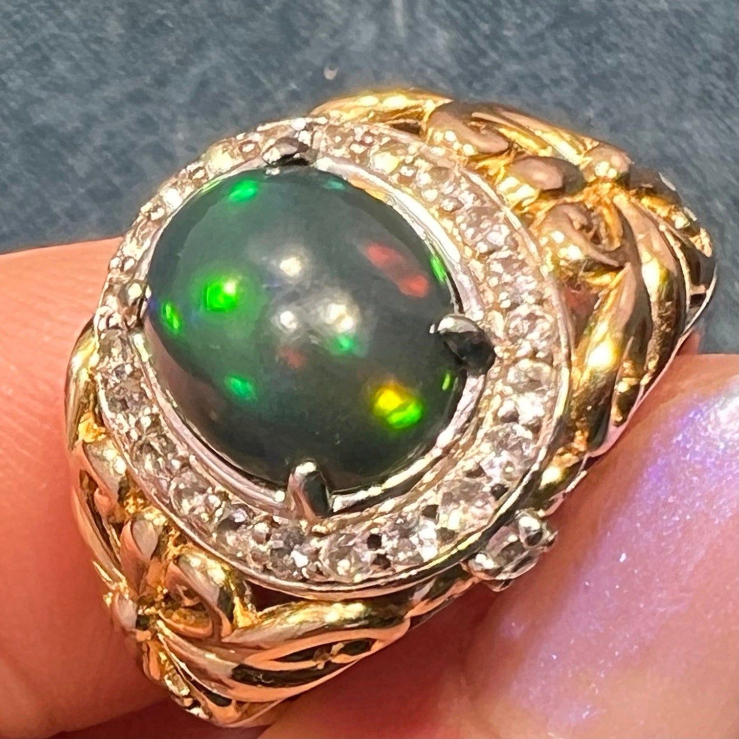 Welo Black Opal Ring in Sterling Silver w Topaz Halo *Video*